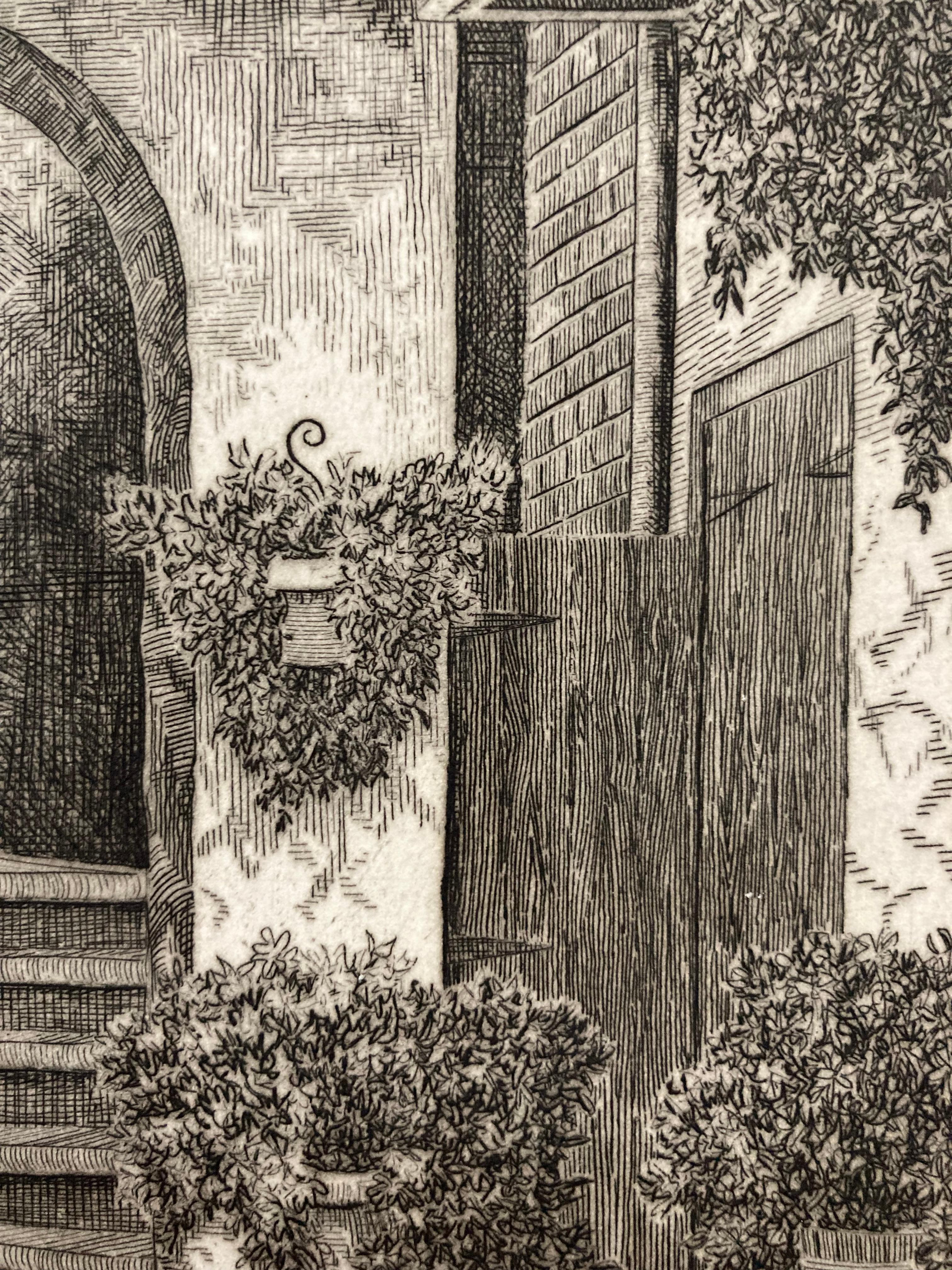 A signed etching by the justifiably famous New Orleans French Quarter artist Eugene Loving, in an edition of 200. It depicts in wonderful detail one of the notable courtyards of the French Quarter, the Marchand Courtyard.  Loving was born in Texas,
