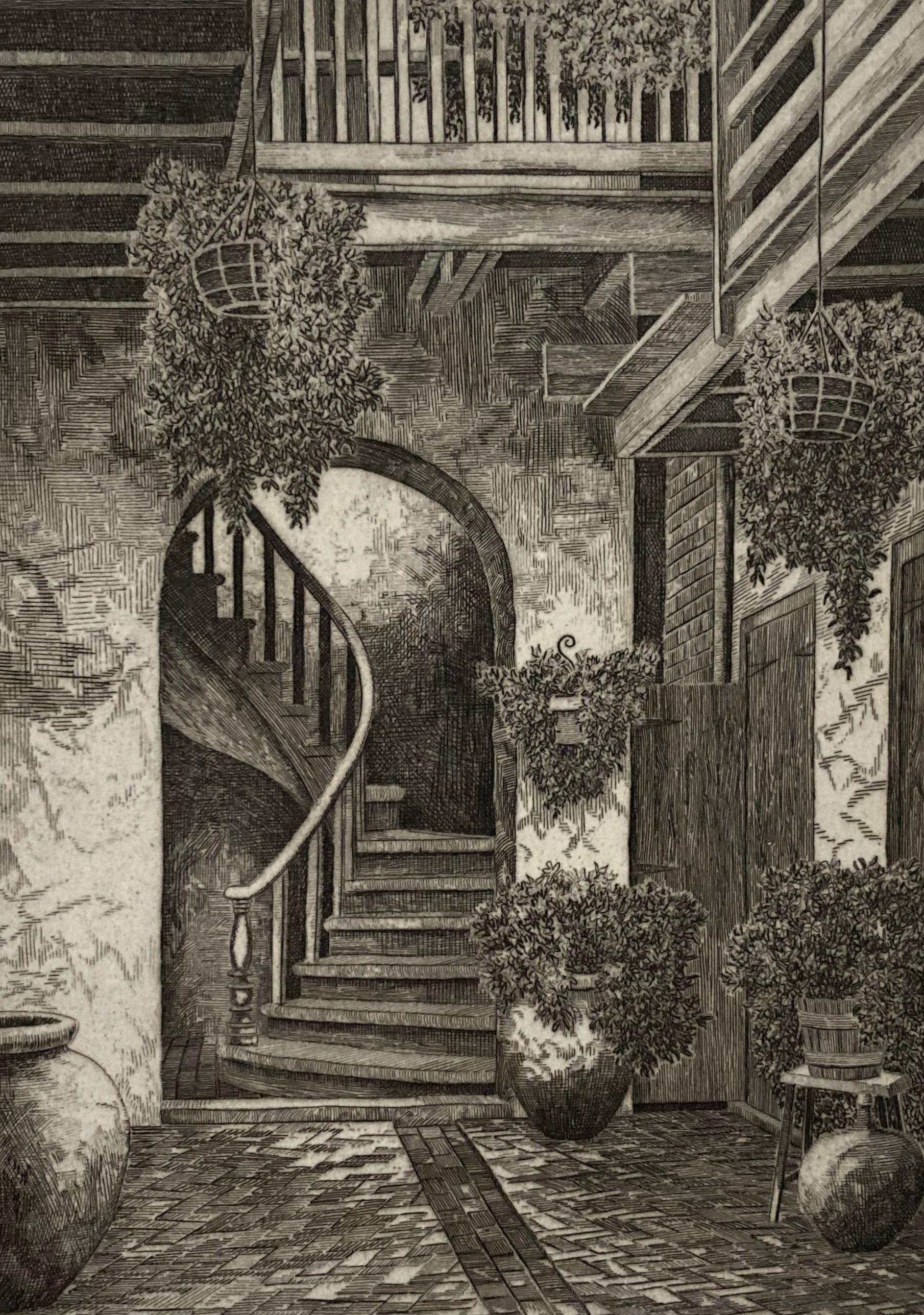 Eugene Loving Interior Print – Marchand Courtyard, Französisches Viertel, Old New Orleans (Signiert)