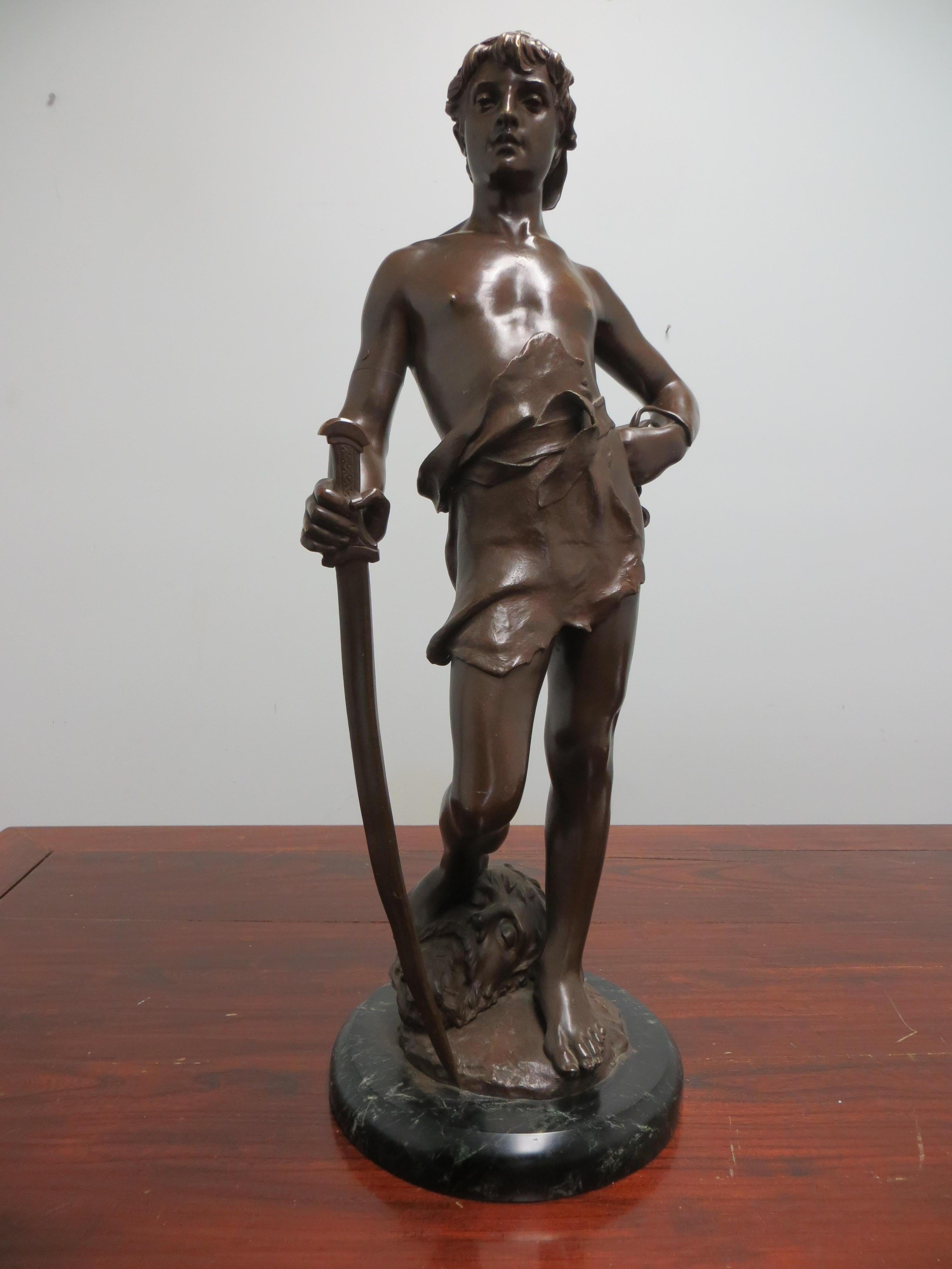 Figurative Sculpture Eugene Marioton - David avec la tête de Goliath, bronze