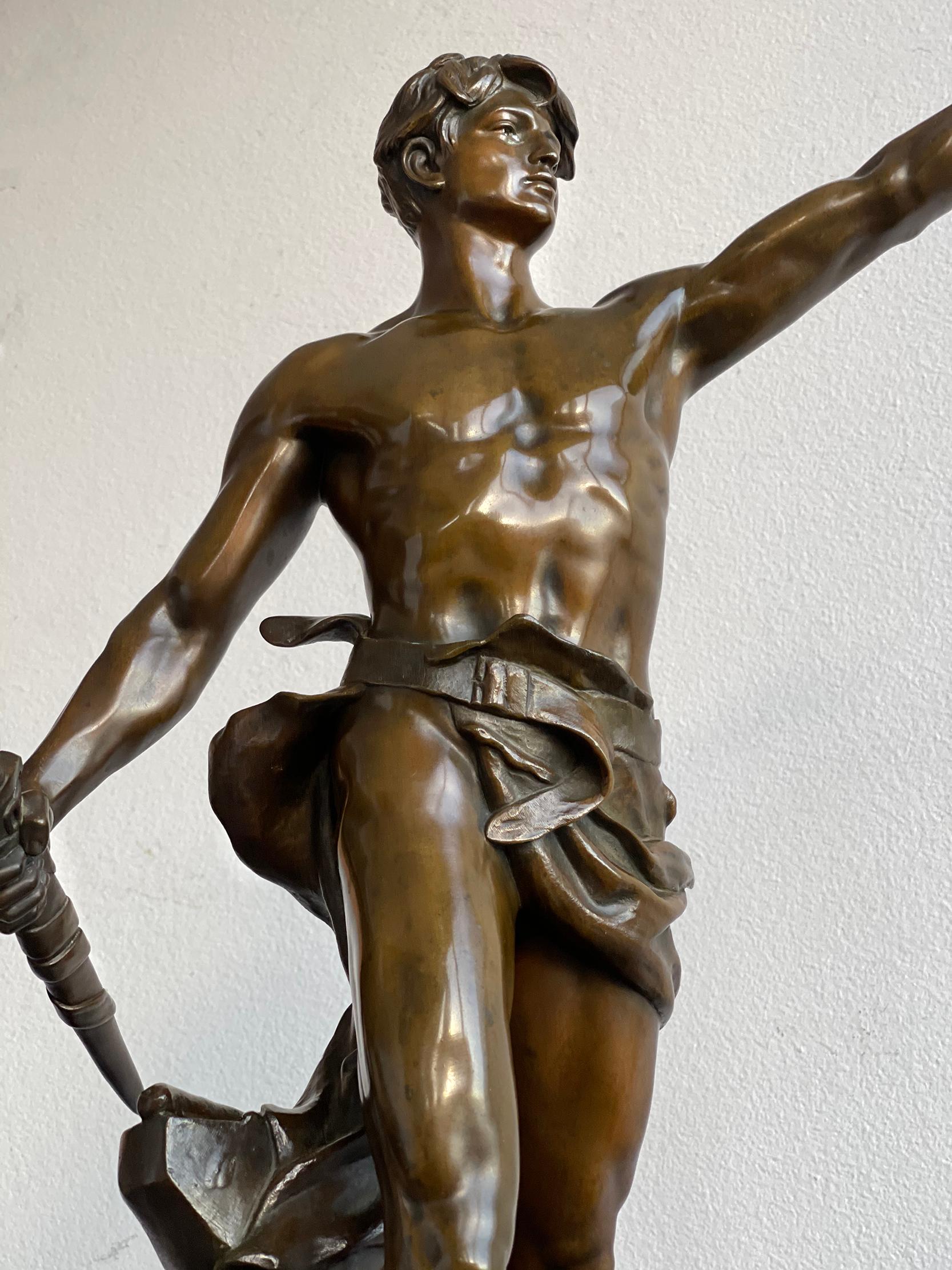 Muscular Nude Male  Bronze After Eugene Marioton - Bronze Statue 7