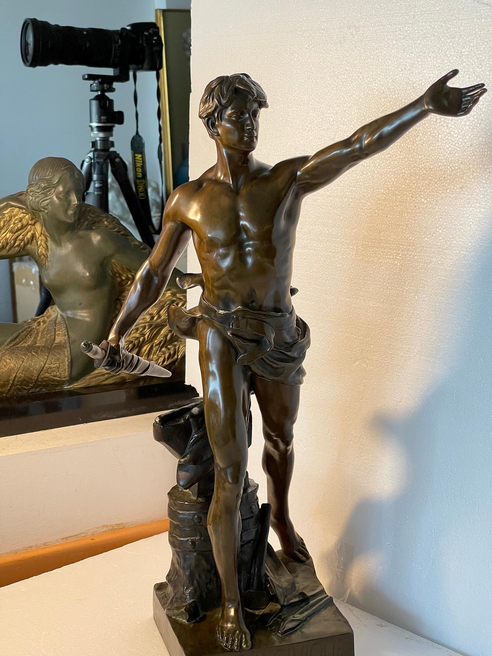 Muscular Nude Male  Bronze After Eugene Marioton - Bronze Statue 10