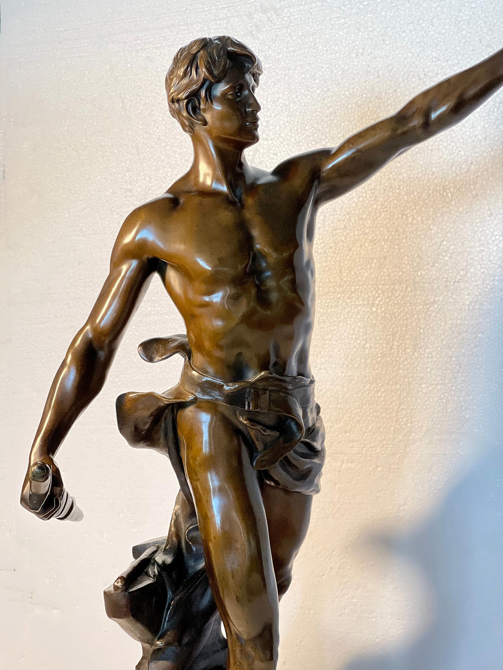 Muscular Nude Male  Bronze After Eugene Marioton - Bronze Statue 15