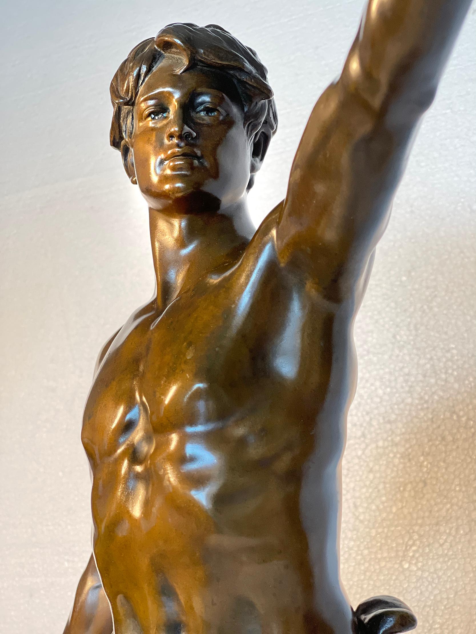 Muscular Nude Male  Bronze After Eugene Marioton - Bronze Statue 16