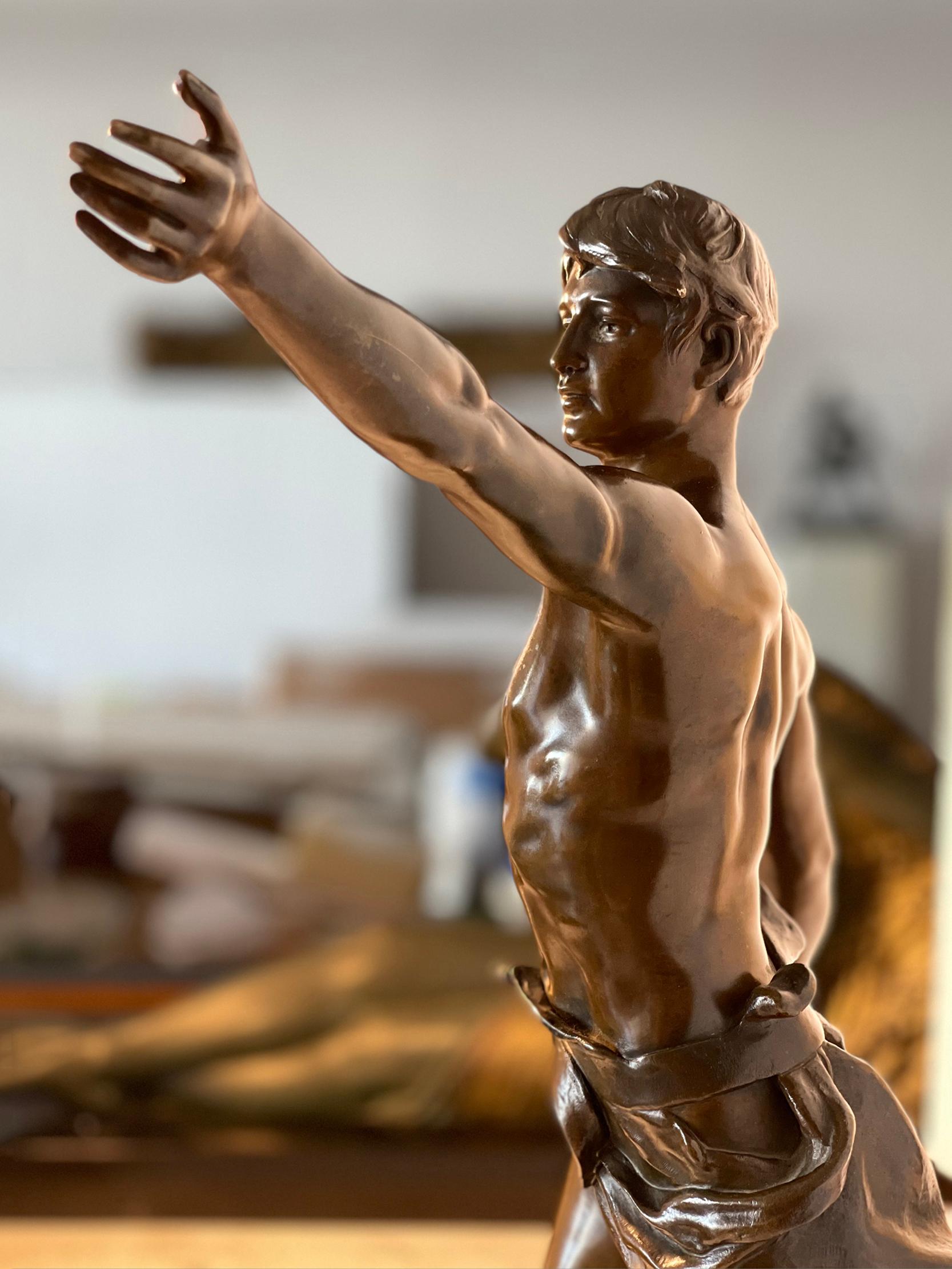 Muscular Nude Male  Bronze After Eugene Marioton - Bronze Statue 1