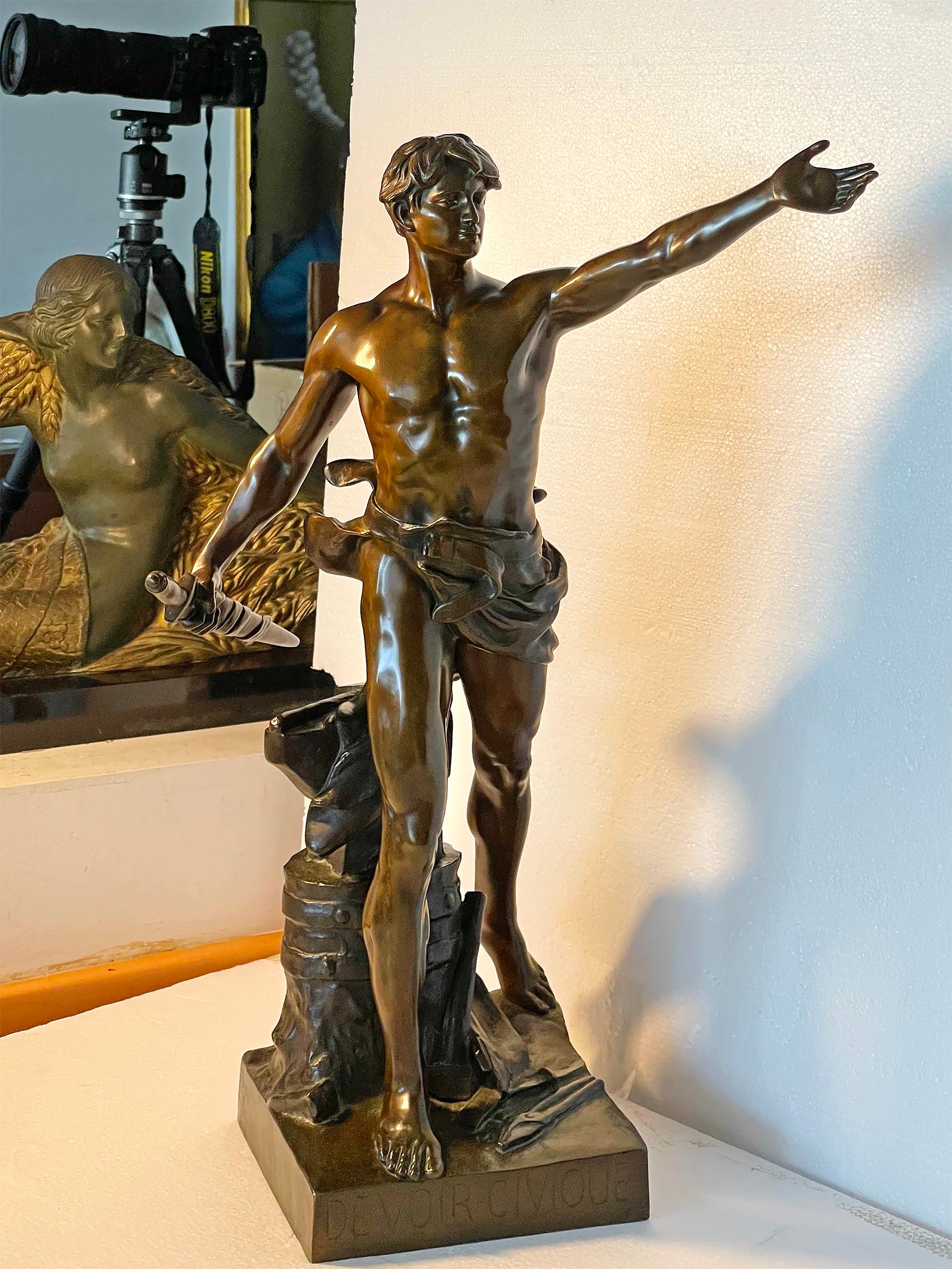 Muscular Nude Male  Bronze After Eugene Marioton - Bronze Statue 3