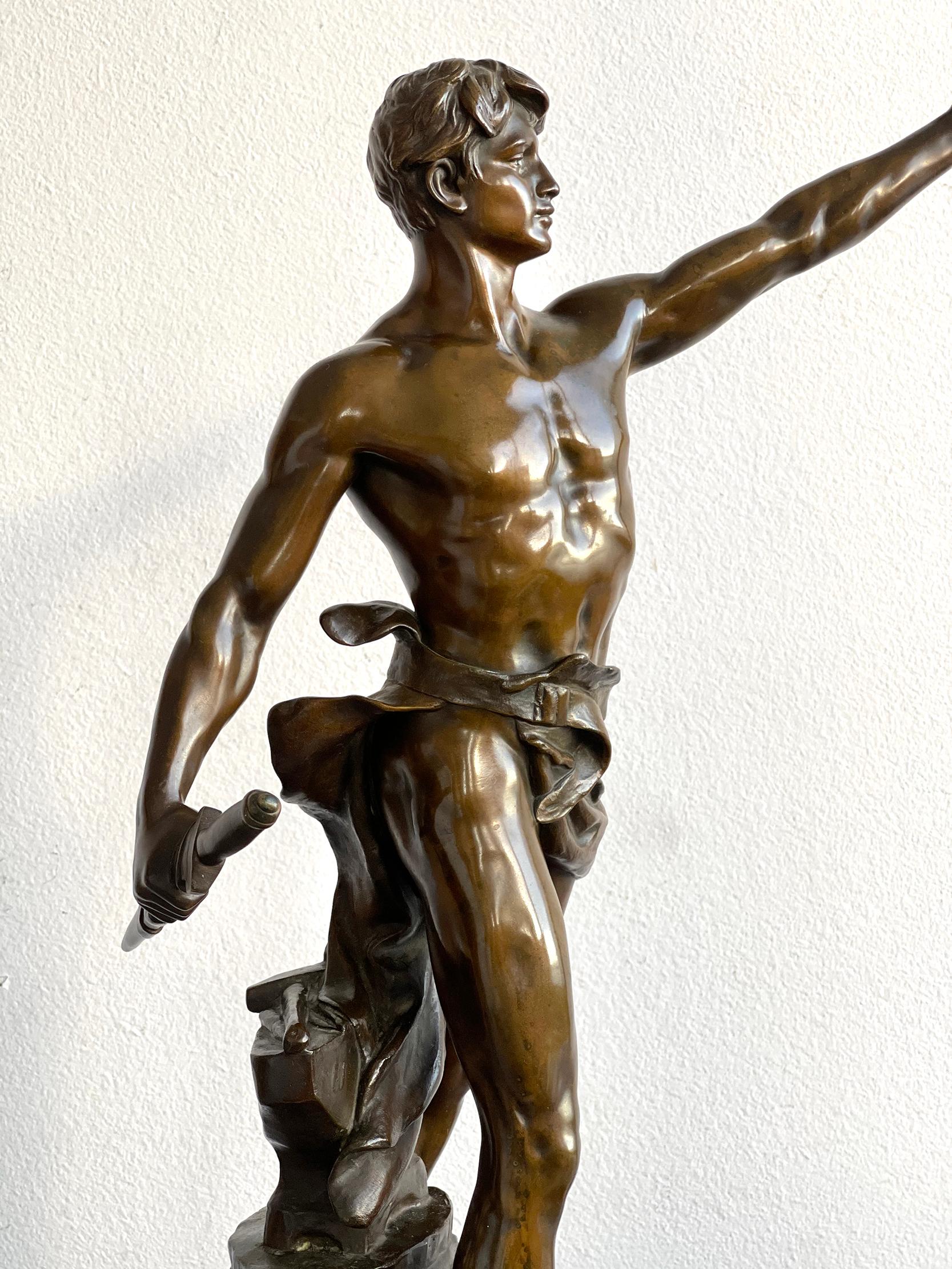 Muscular Nude Male  Bronze After Eugene Marioton - Bronze Statue 6