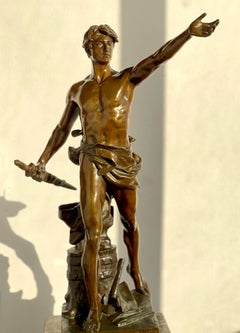 Muscular Nude Male  Bronze After Eugene Marioton - Bronze Statue