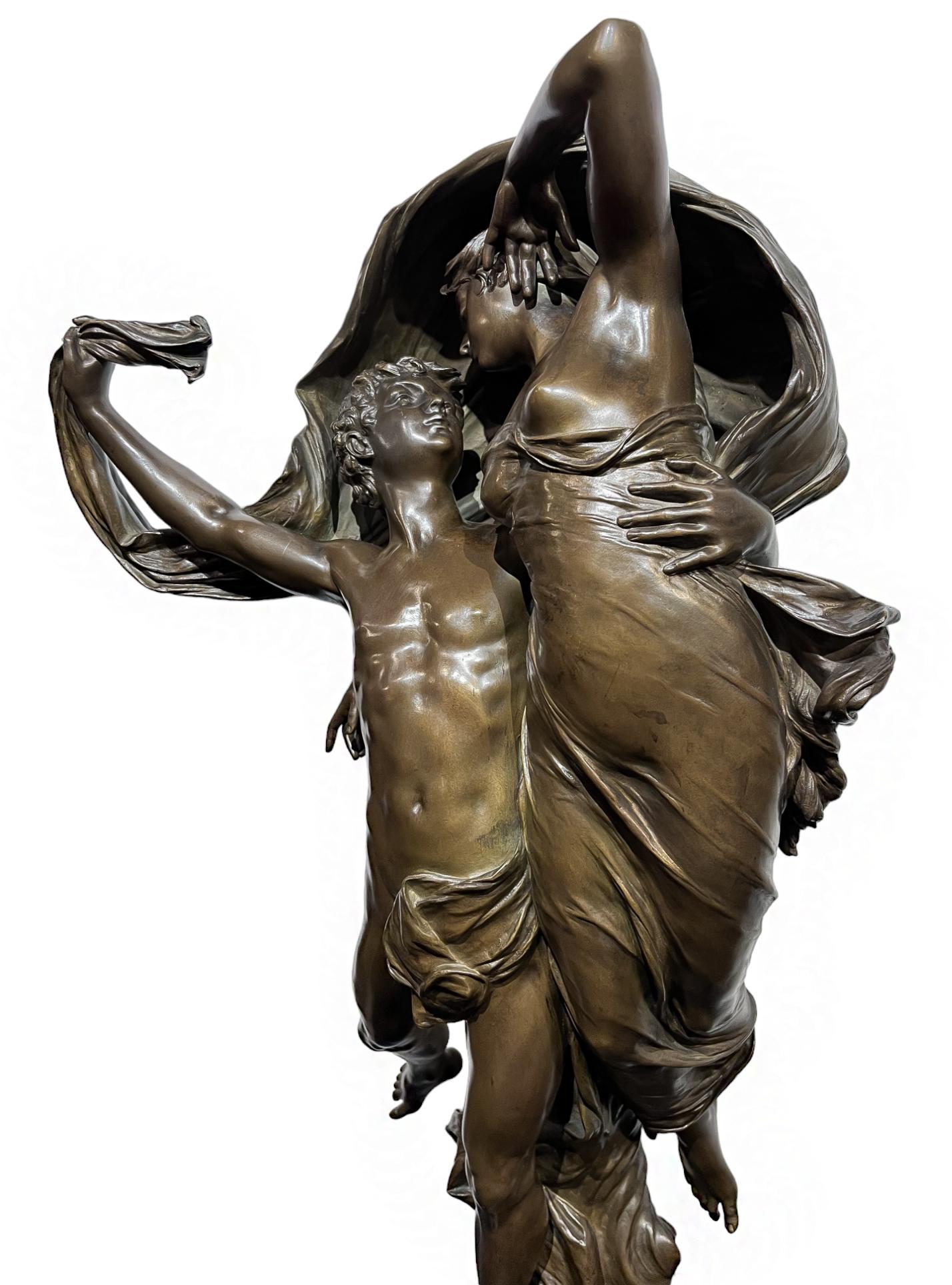 BRONZE FIGURAL GROUP “LA DANSE” BY EUGENE MARIOTON (FRENCH, 1857-1933)

This exceptional work by Eugéne Marioton is a dynamic expression of true love. It is presumed to be an allegorical moment between Zephyr and Psyche, the work is generally titled