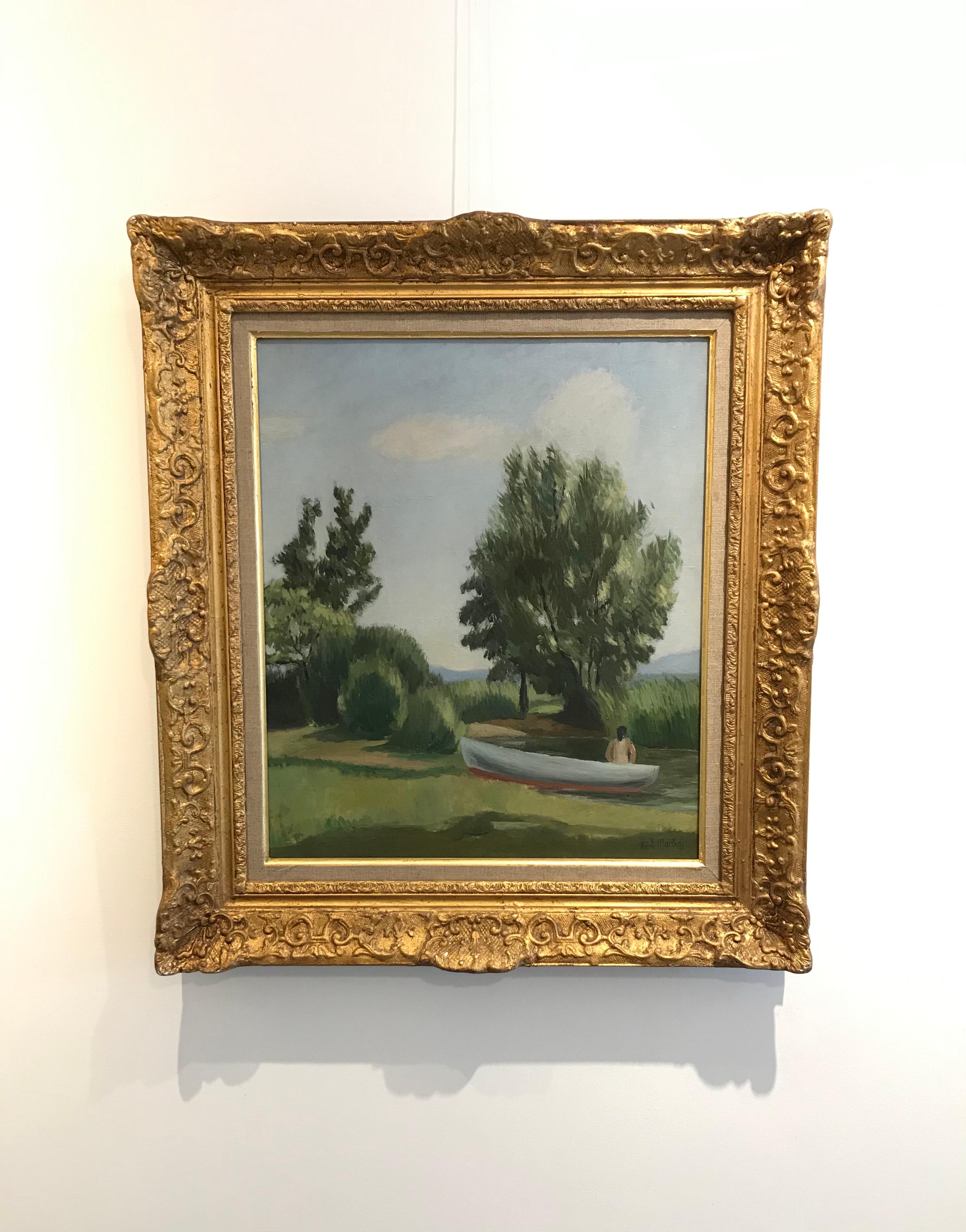 Paesaggio animato di Eugène Martin - Olio su tela 44x55 cm - Painting di Eugene Martin