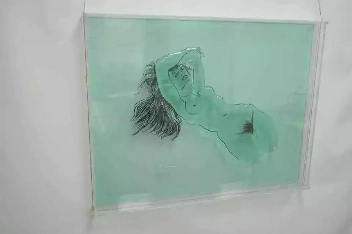 20th Century Eugene Massin Large Acrylic Lucite Nude Woman Wall Art Light Box Sculpture 45x51 For Sale