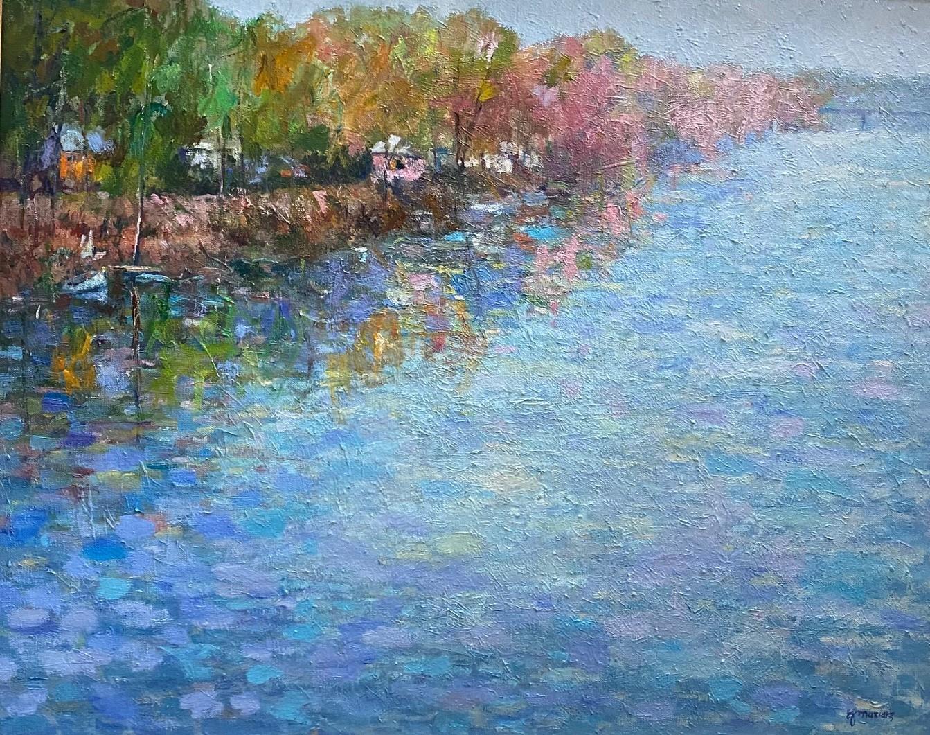 Along the Delaware, original 24x30 impressionist landscape - Painting by Eugene Maziarz