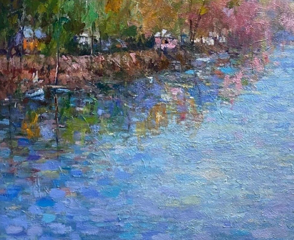 A lo largo del Delaware, paisaje impresionista original de 24x30 - Landscape Painting Gris de Eugene Maziarz