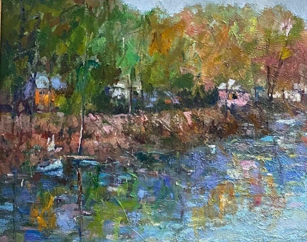 Along the Delaware, original 24x30 impressionist landscape - Impressionist Painting by Eugene Maziarz