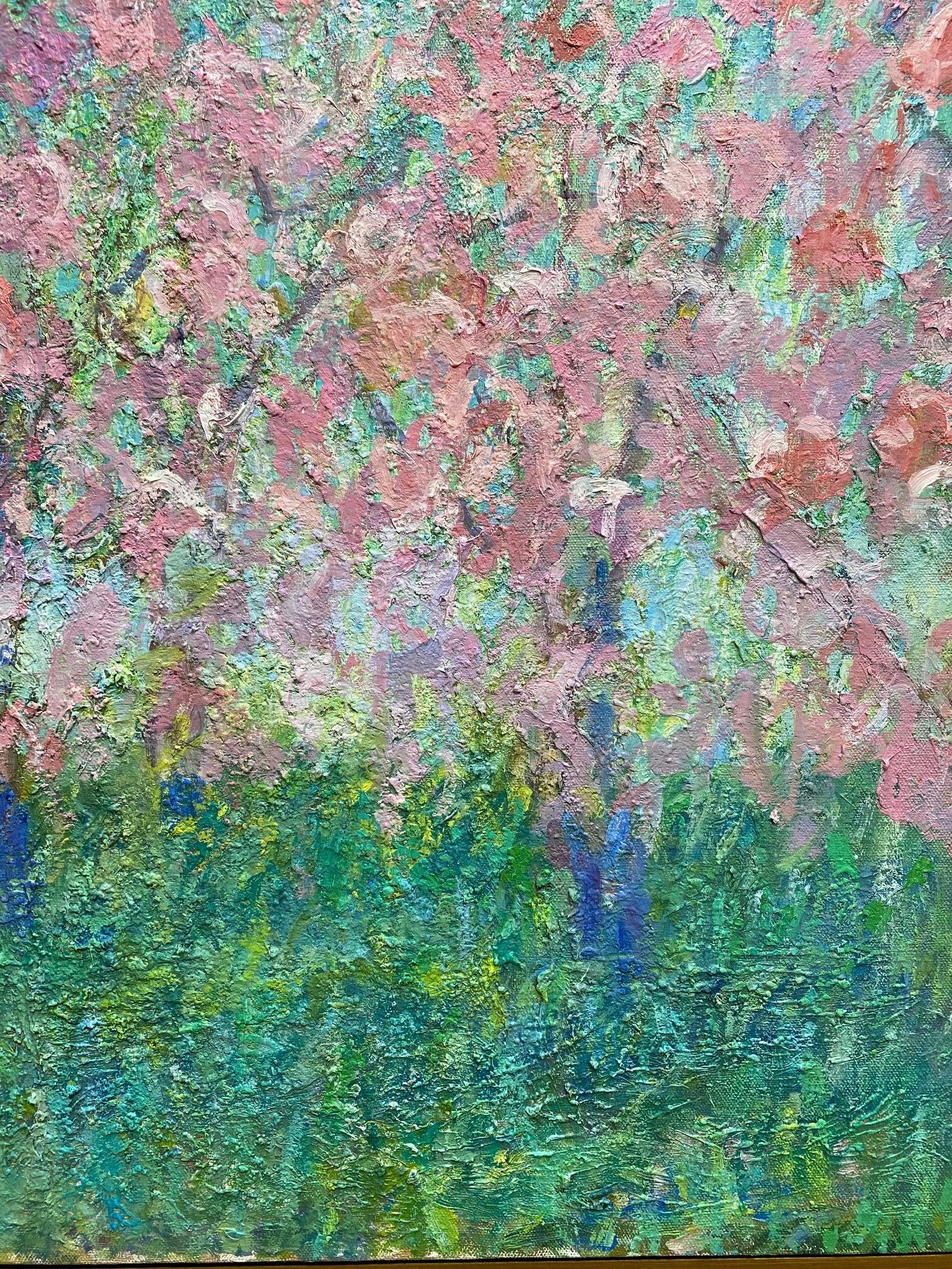 Cherry Blossoms, original 24x30 impressionist floral landscape - Gray Landscape Painting by Eugene Maziarz