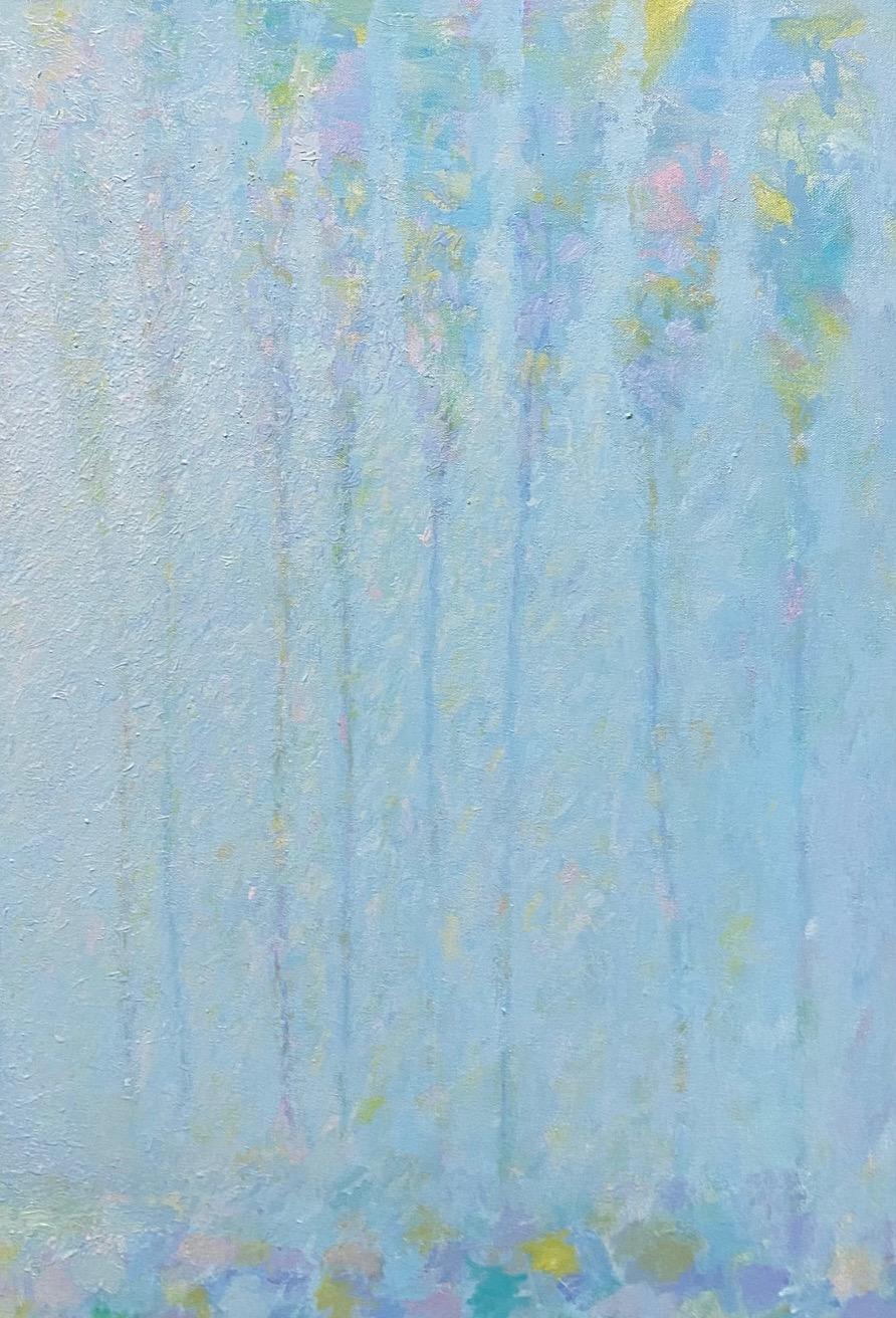 L'agile fila di alberi pastello, mentre si liberano delle loro foglie perfettamente fresche e incontaminate, offrono un percorso illuminato verso la luce e il relax in questo paesaggio astratto espressionista contemporaneo.   Un dipinto a olio