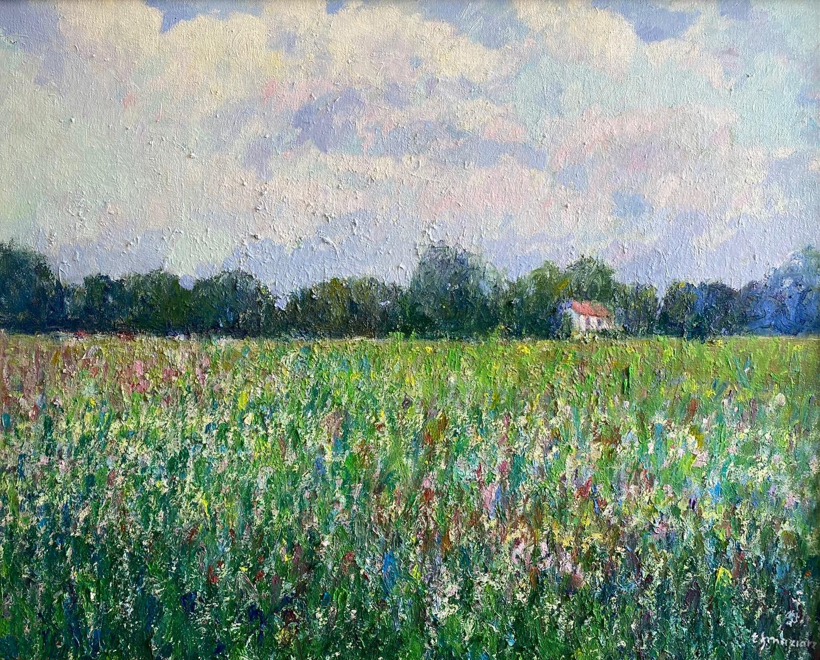 Field of Flowers, original 24x30 French impressionist landscape - Painting by Eugene Maziarz