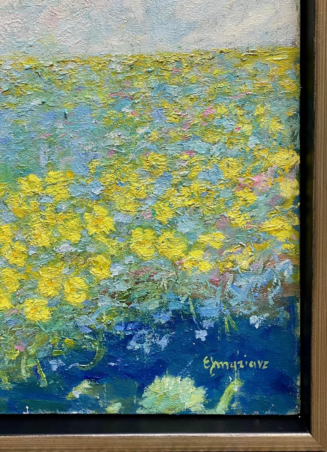 Floating Flowers, original 40x30 abstract expressionist landscape - Gray Landscape Painting by Eugene Maziarz