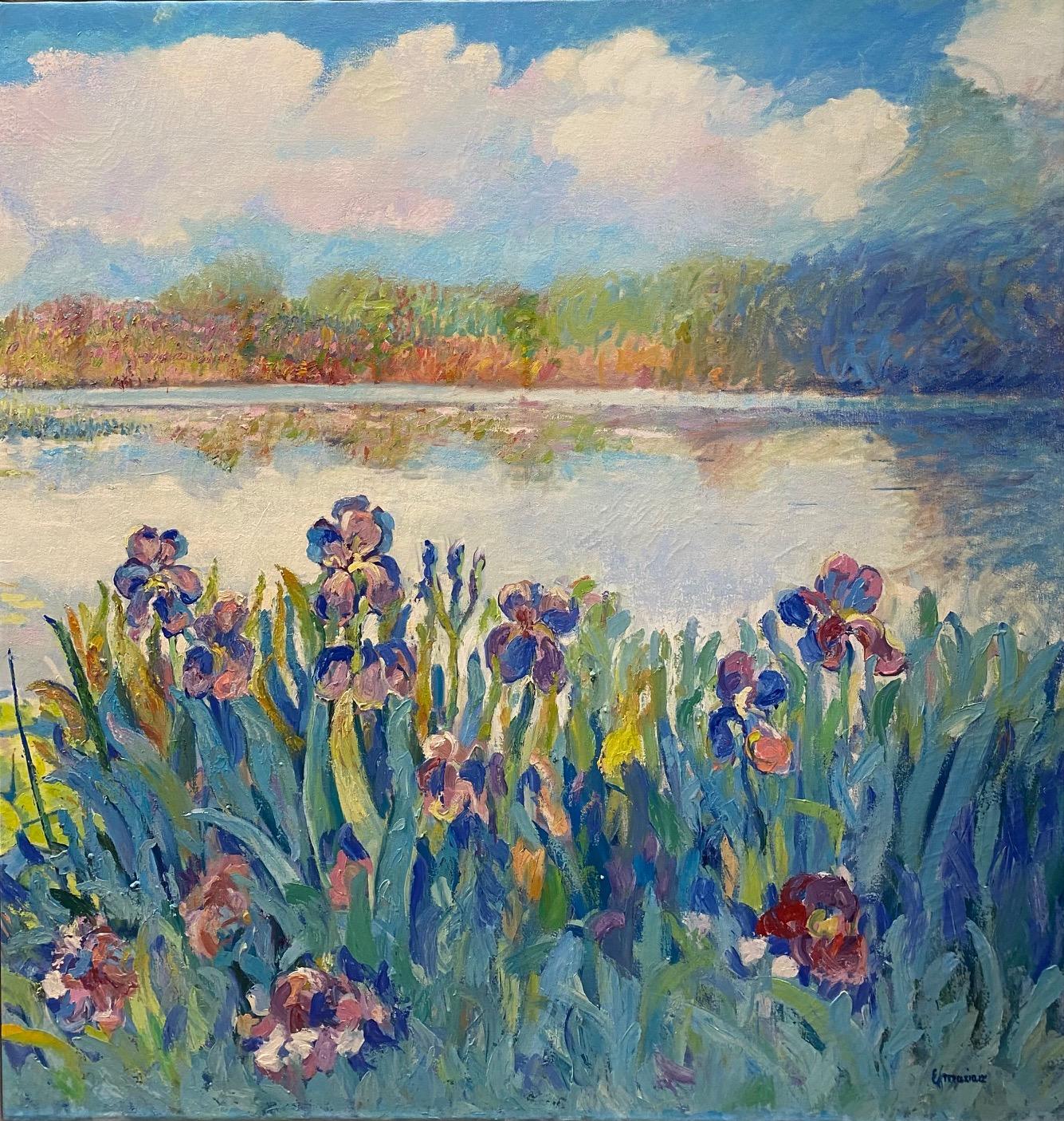 Floral Reflections I, original 40 x 38 French impressionist floral landscape - Painting by Eugene Maziarz