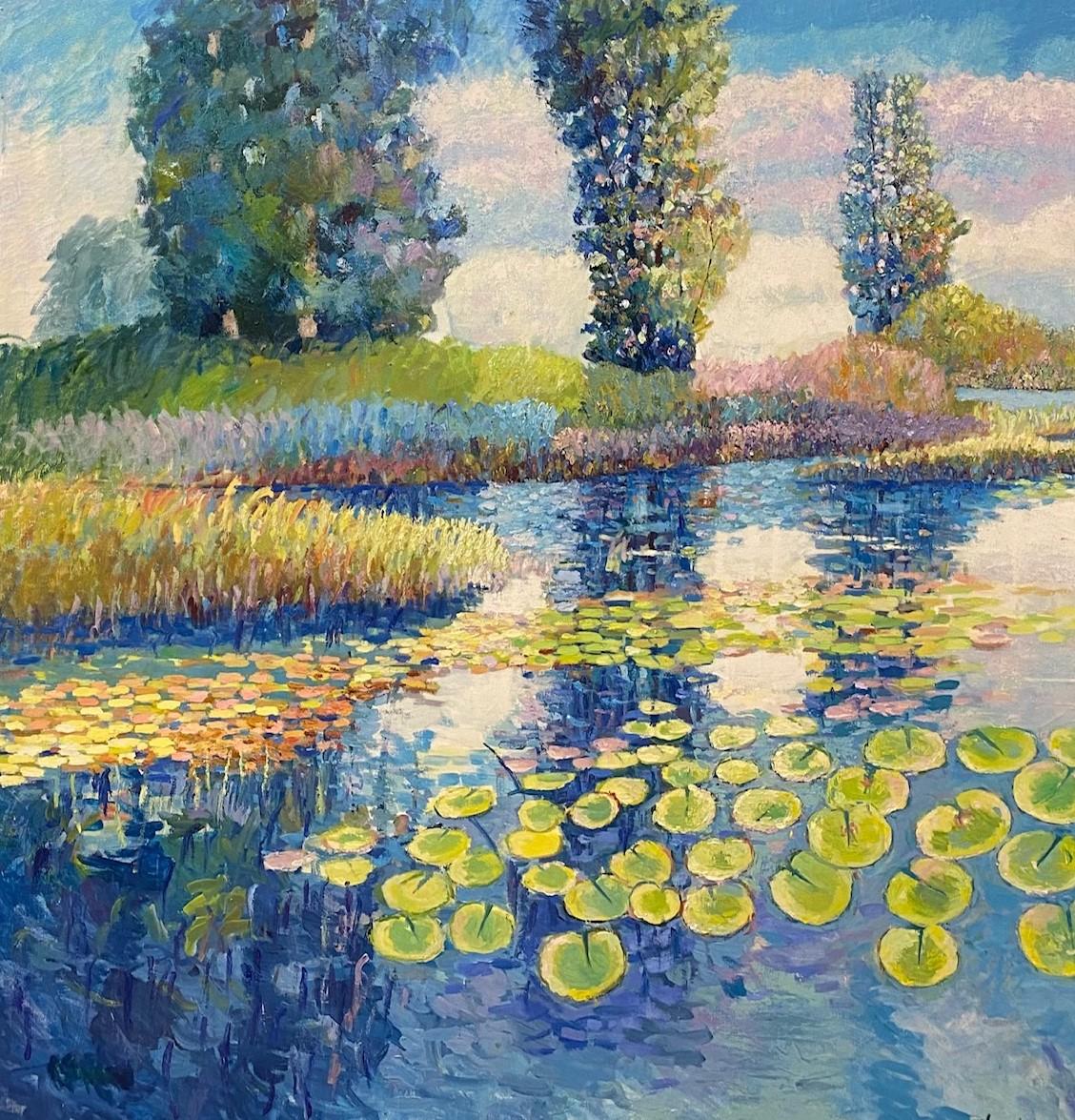 Floral Reflections II, original 40 x 38 French impressionist floral landscape - Painting by Eugene Maziarz