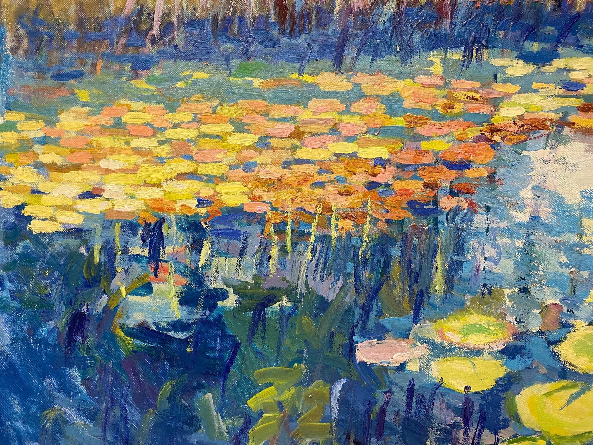 Remembering Candyland where everything sparkles in an irresistibly delicious way, and inspires you to proceed forward to the next adventure, the floral reflections in the pond multiply the magic charm of this French impressionist original oil