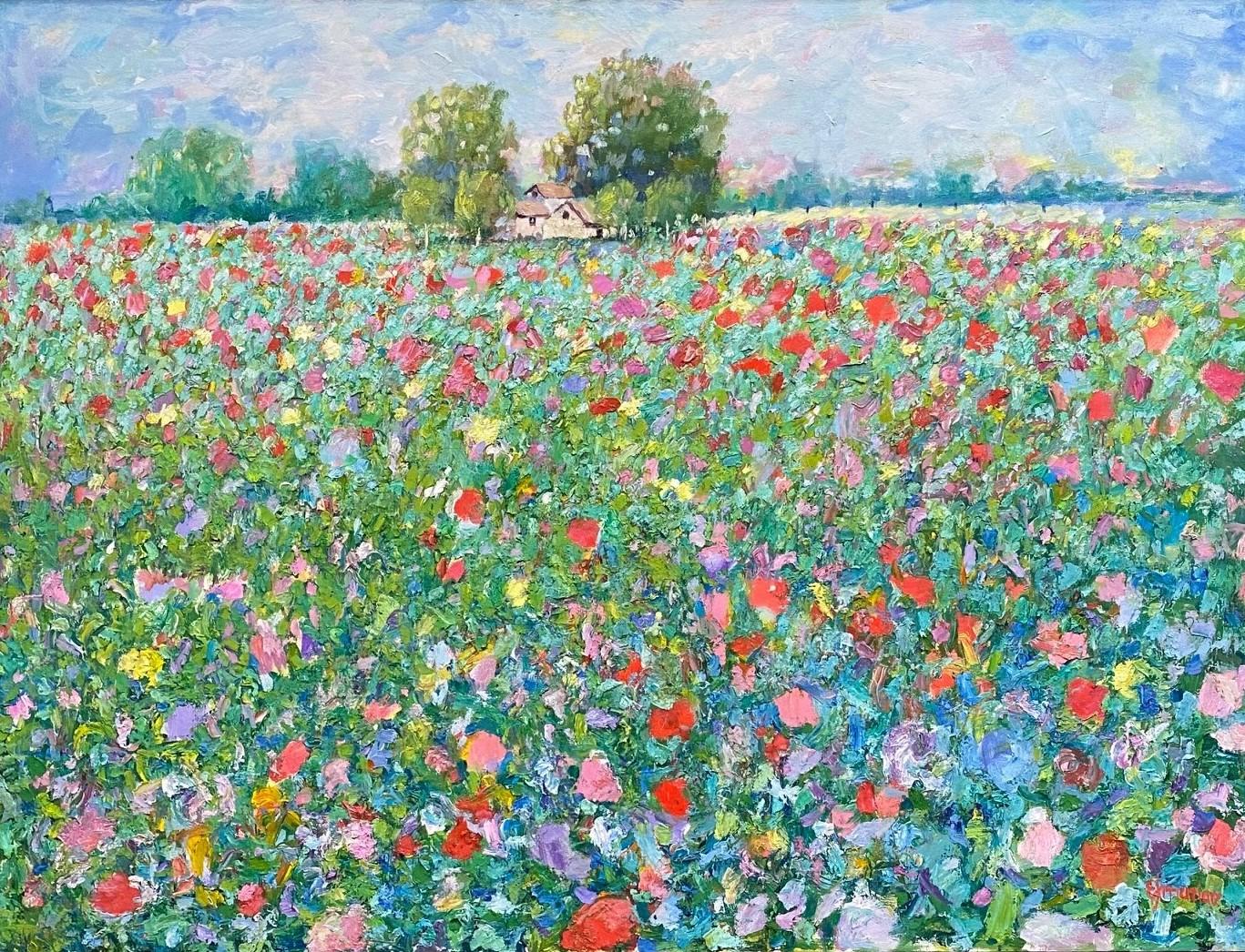 Homestead of Flowers, original 30x40 contemporary French impressionist landscape - Painting by Eugene Maziarz