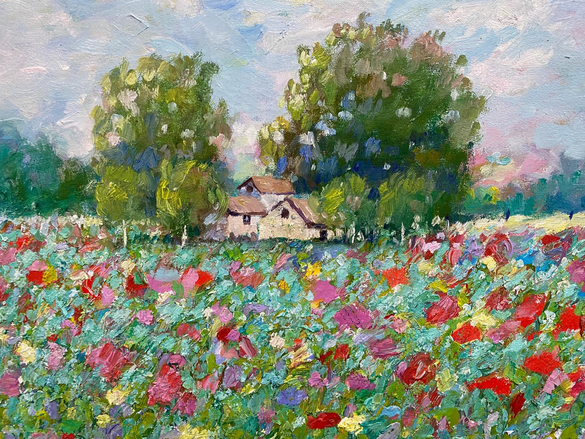 Homestead of Flowers, paysage impressionniste français contemporain original 30x40 - Contemporain Painting par Eugene Maziarz