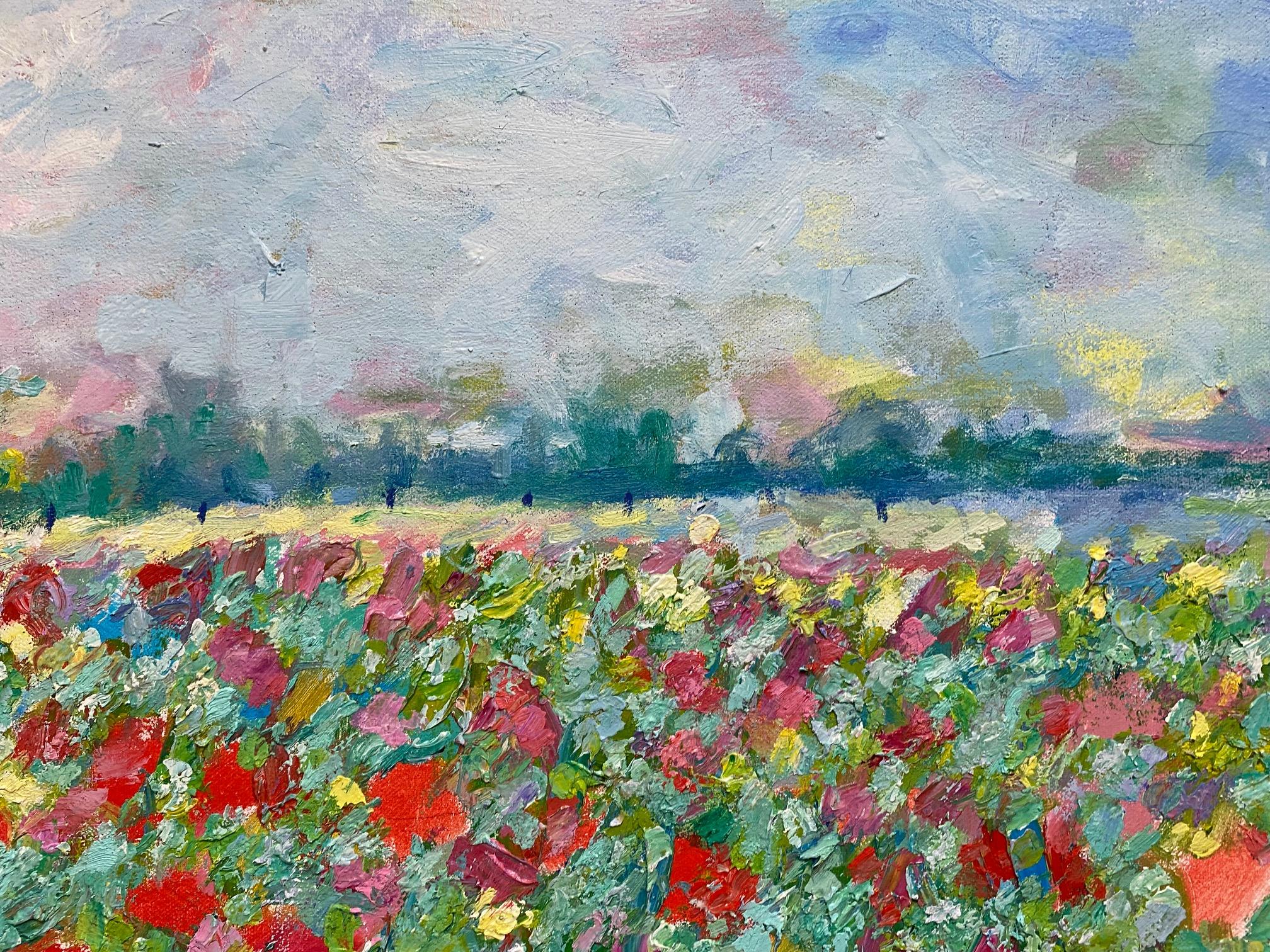 Homestead of Flowers, paysage impressionniste français contemporain original 30x40 - Gris Landscape Painting par Eugene Maziarz