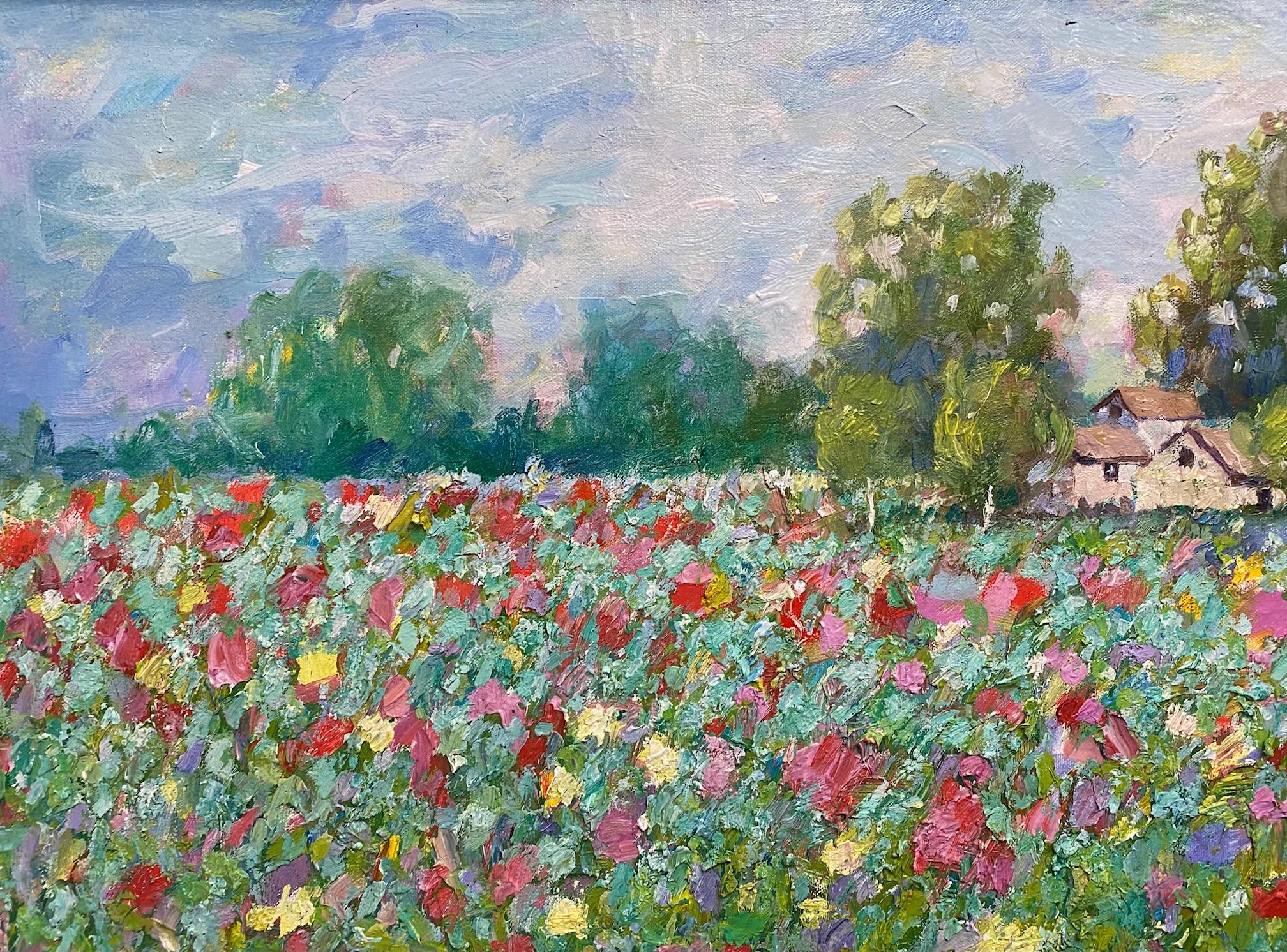 Homestead of Flowers, original 30x40 contemporary French impressionist landscape - Gray Landscape Painting by Eugene Maziarz