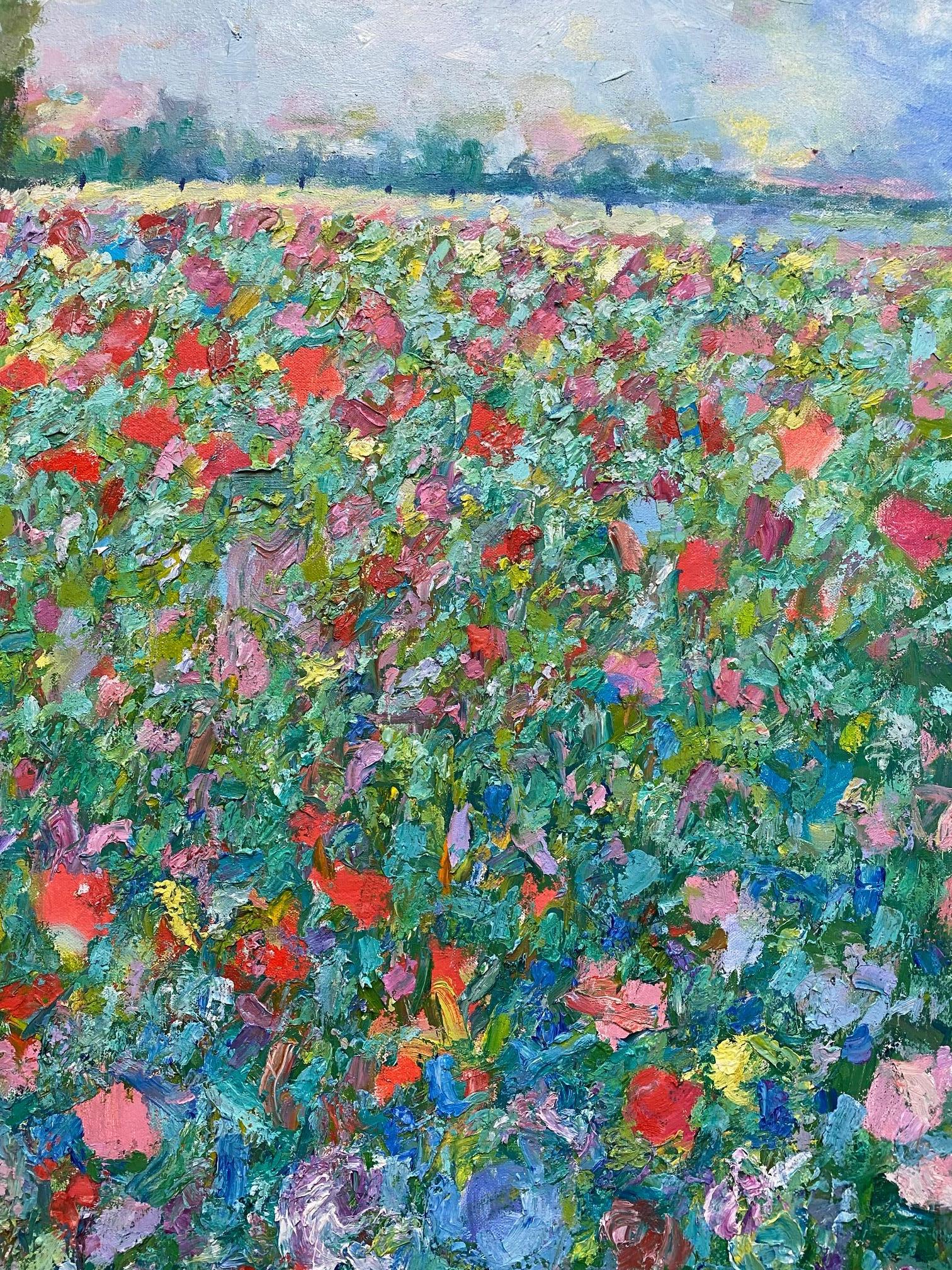 A homestead with seemingly endless fields of flowers in an eternal spring has been the fantasy of not only the legendary French Impressionists but of humanity.  This original contemporary landscape comes alive as the sun washed flowers, with their