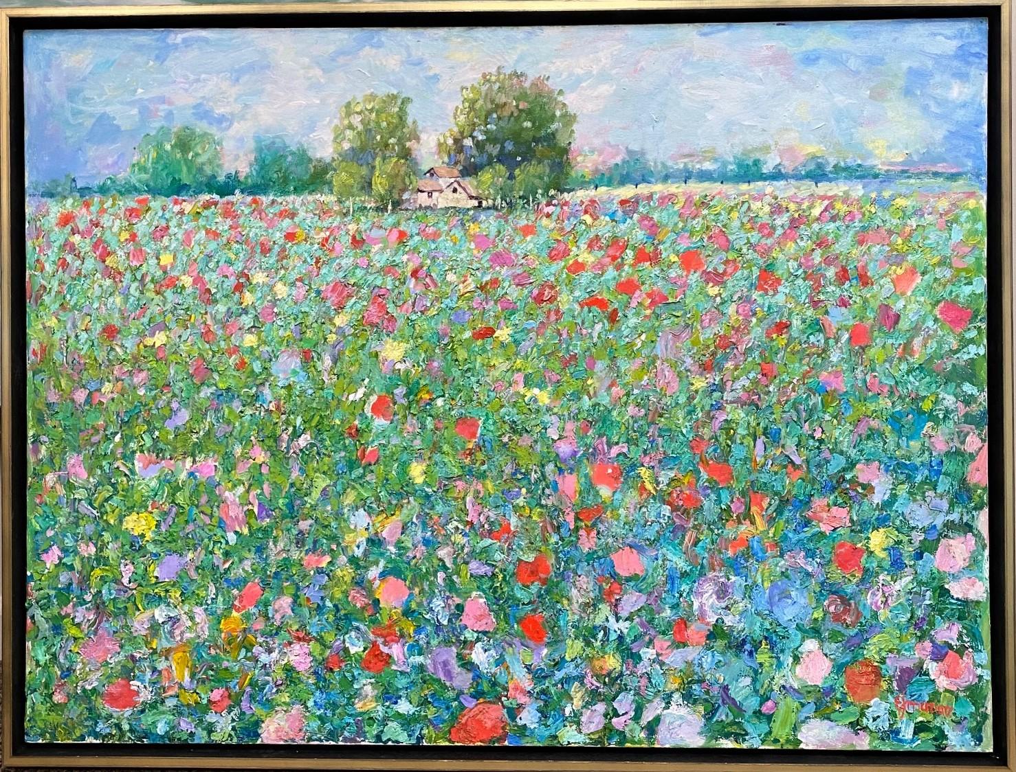 Landscape Painting Eugene Maziarz - Homestead of Flowers, paysage impressionniste français contemporain original 30x40