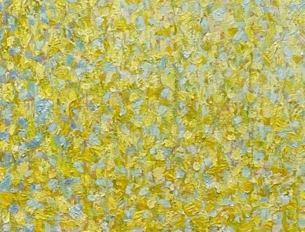 The nurturing rays of the sun kissed jungle of nature's weave reach your soul as though touched by a heavenly embrace! The softness of the intermittent blue leaves anchors the lemon yellow lace to the walls of light in this contemporary abstract