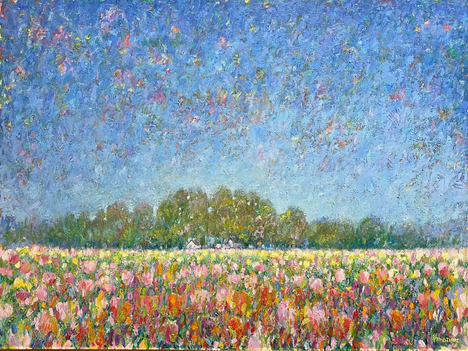 Reflejos en el cielo, paisaje expresionista abstracto original de 30x40 - Painting de Eugene Maziarz