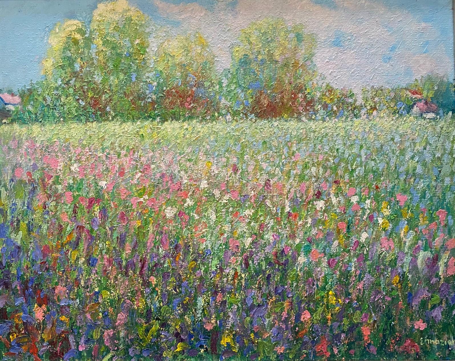 Spring Flowers, original 24x30 impressionist floral landscape - Painting by Eugene Maziarz