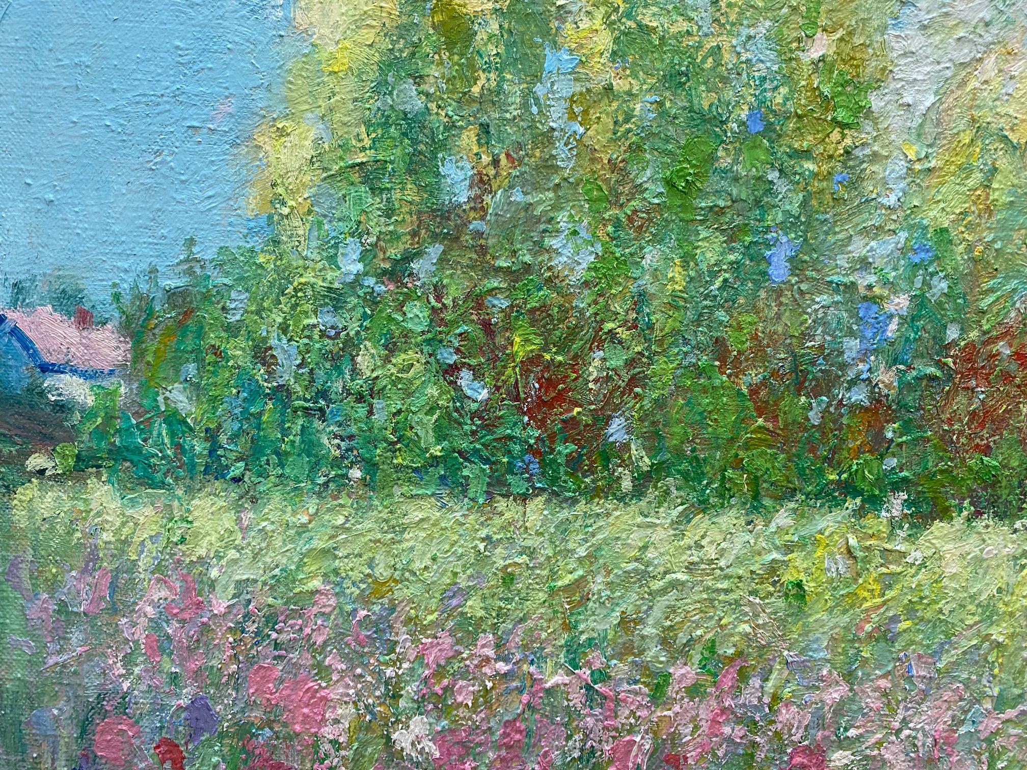 An eternal spring has been the fantasy of not only the French Impressionists but of humanity.  This original floral landscape comes alive as the  sun washed flowers with their alluring combinations of yellows, pinks, soft greens, aquas and other