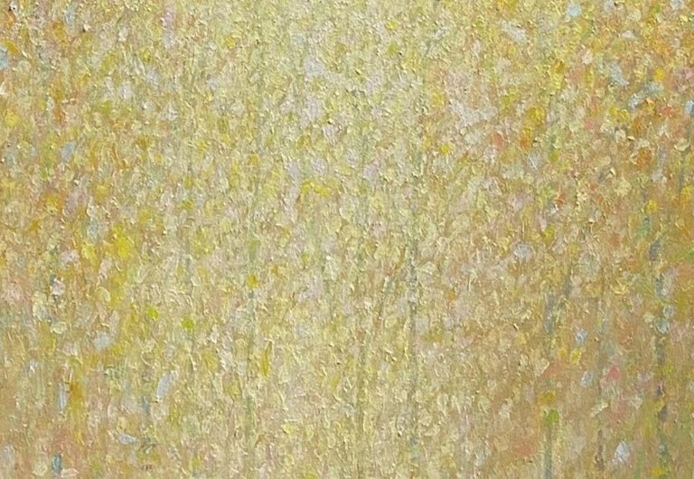 The gentle, nurturing rays of the sun kissed forest reach your soul as though touched by heavenly energy! The softness of the pastel leaves anchors the lemon yellow to the aquamarine to the variations of white in this abstract expressionist