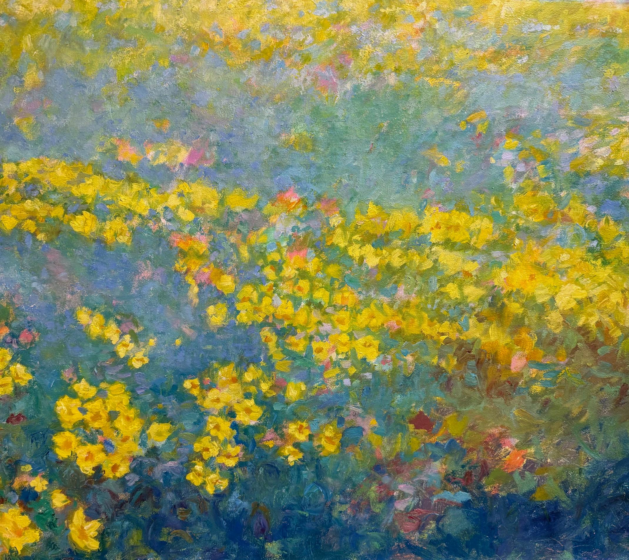 Rayo de sol en la pradera, paisaje expresionista abstracto original de 30x40 - Painting de Eugene Maziarz