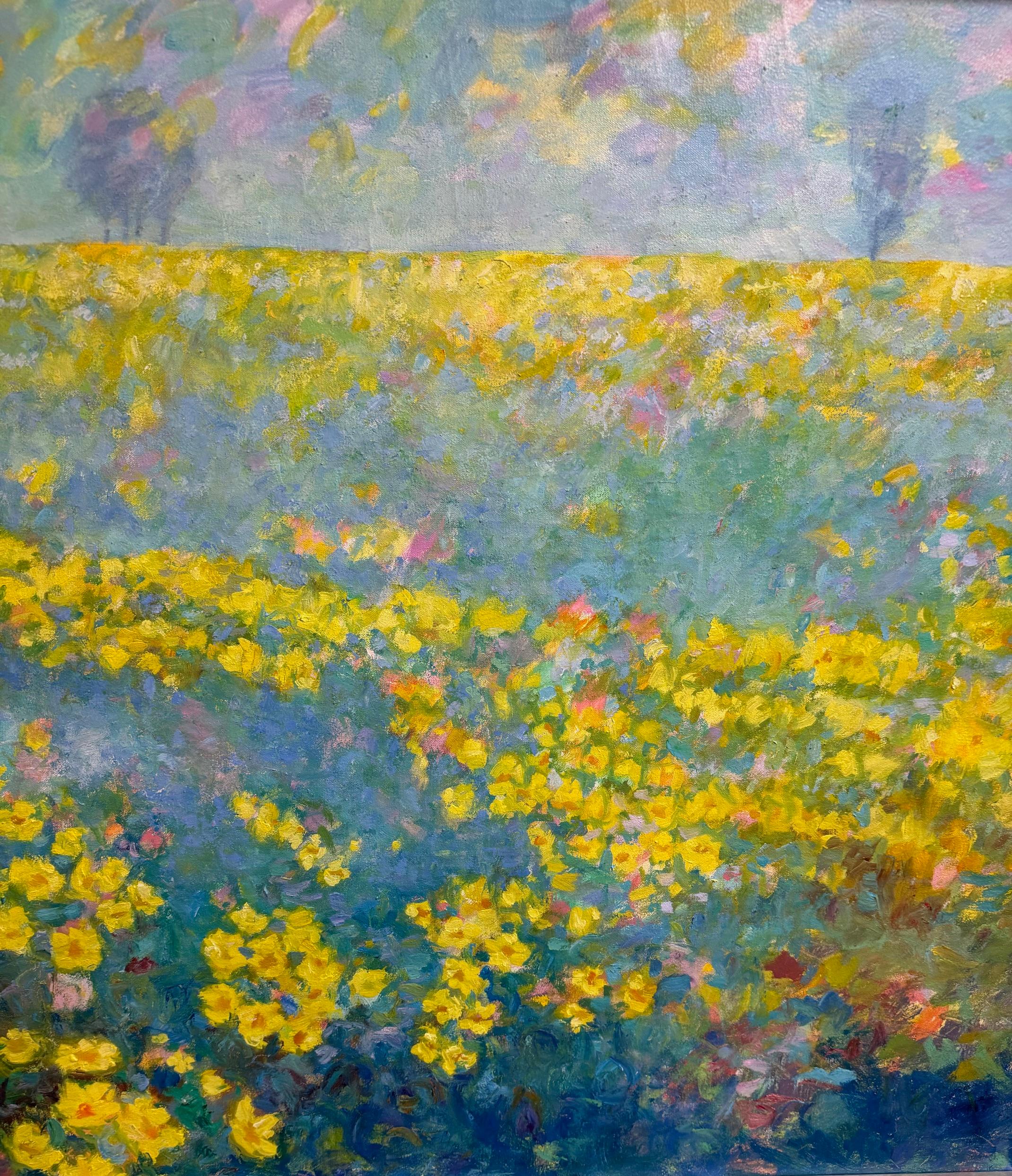 Rayo de sol en la pradera, paisaje expresionista abstracto original de 30x40 - Landscape Painting Verde de Eugene Maziarz
