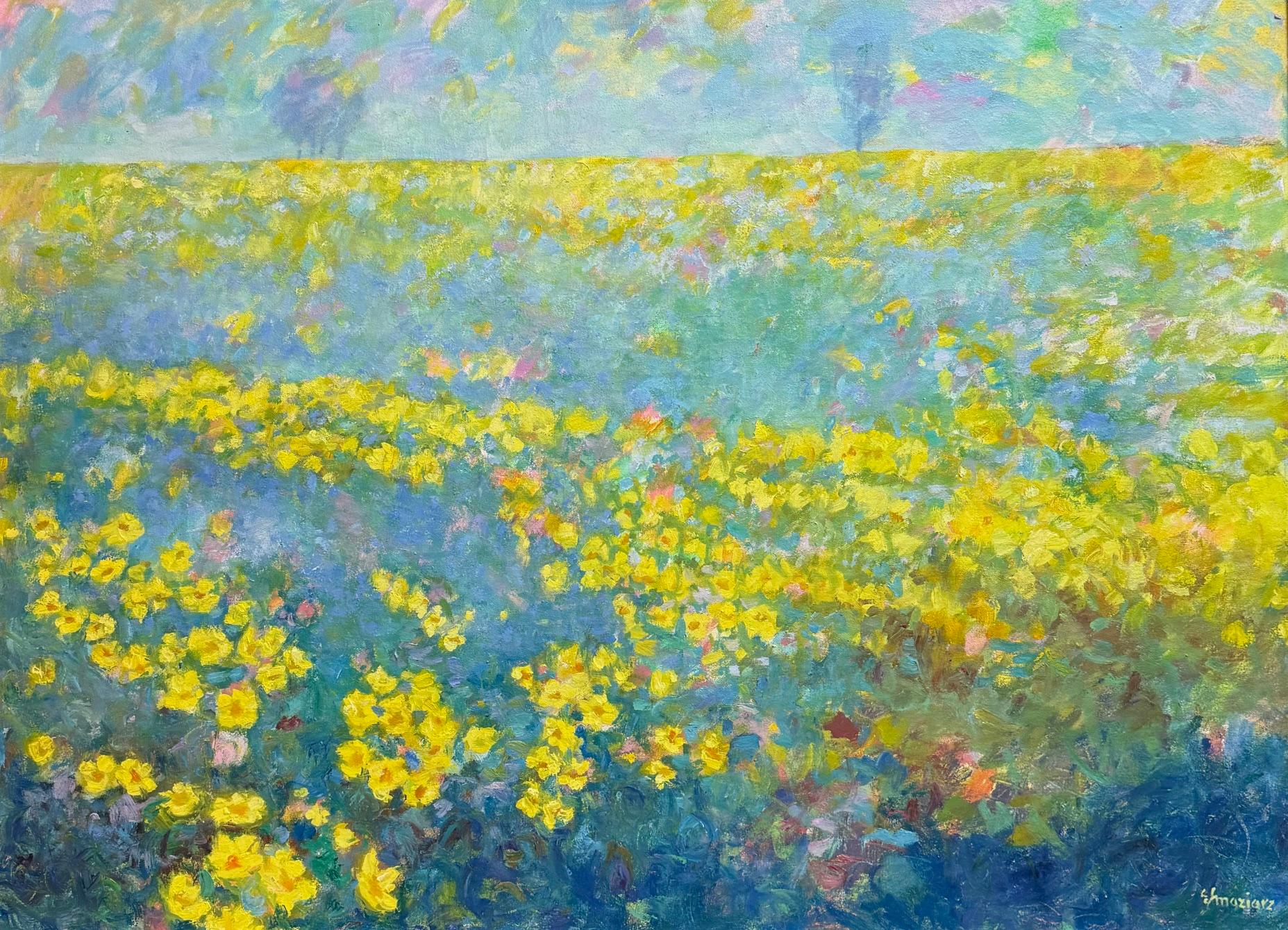 Rayo de sol en la pradera, paisaje expresionista abstracto original de 30x40 en venta 1