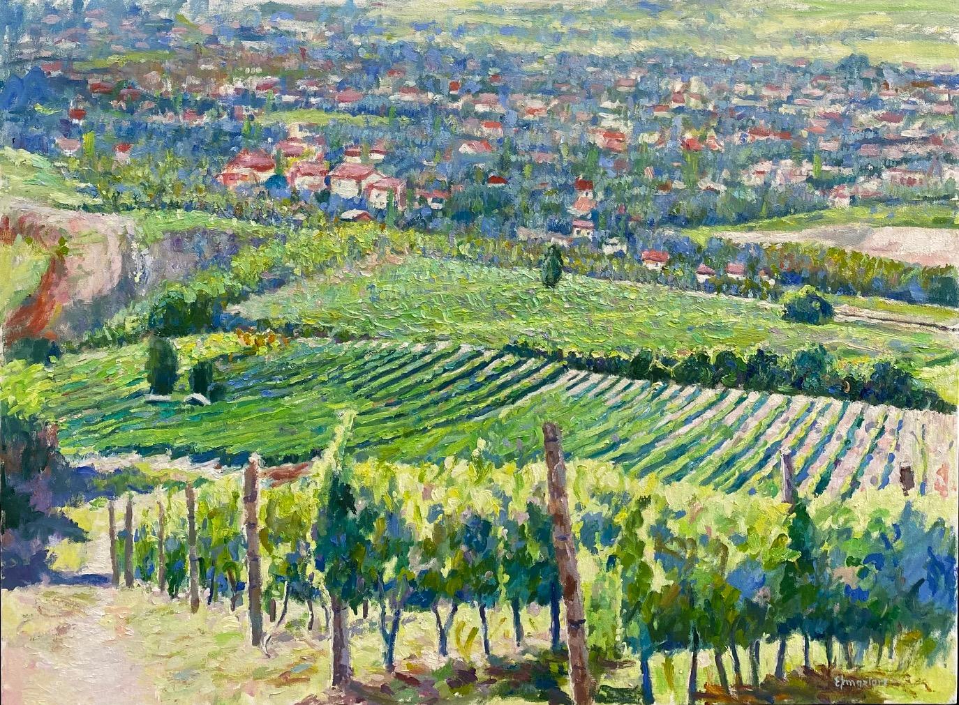 The Vineyards of Sonoma, Californie, paysage impressionniste original 24x36 - Painting de Eugene Maziarz