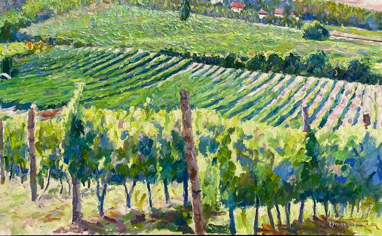 The Vineyards of Sonoma, Californie, paysage impressionniste original 24x36 - Gris Landscape Painting par Eugene Maziarz