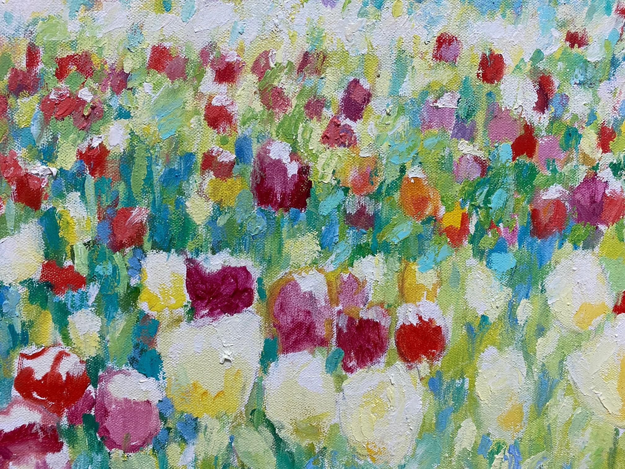 Tulips et nuages, paysage floral impressionniste original 30x40 en vente 6