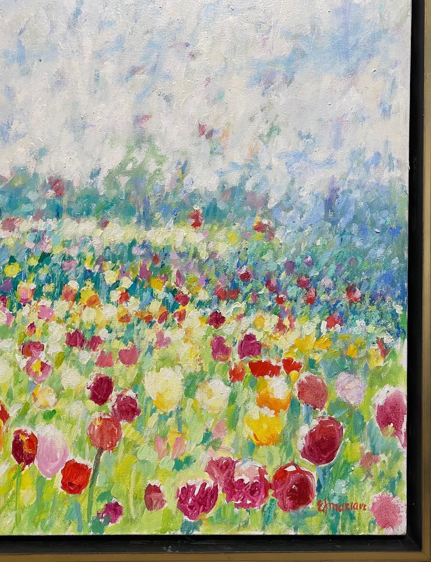 Tulips et nuages, paysage floral impressionniste original 30x40 en vente 7
