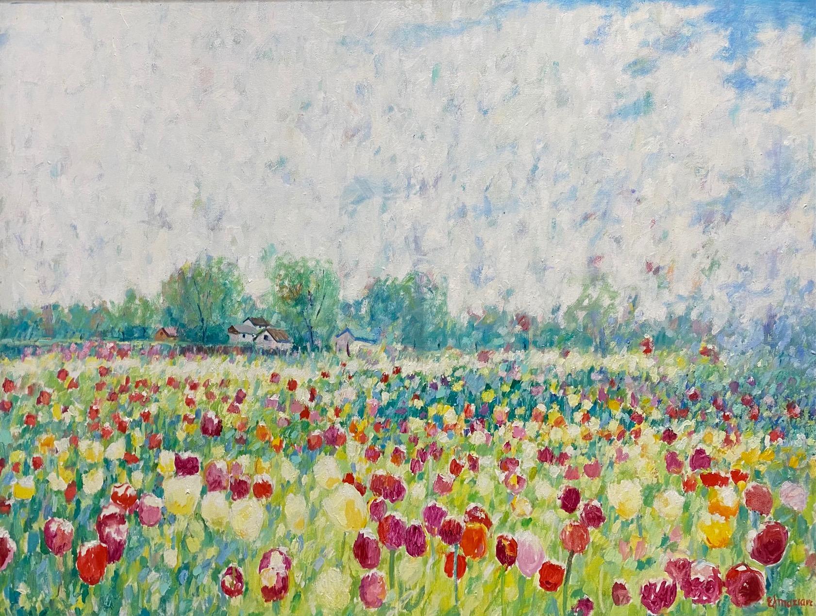 Tulips et nuages, paysage floral impressionniste original 30x40 - Painting de Eugene Maziarz
