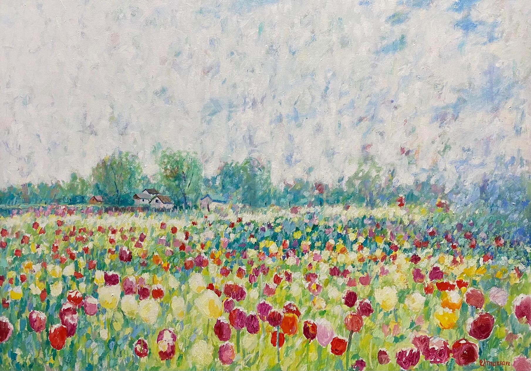 Tulips et nuages, paysage floral impressionniste original 30x40 - Impressionnisme Painting par Eugene Maziarz