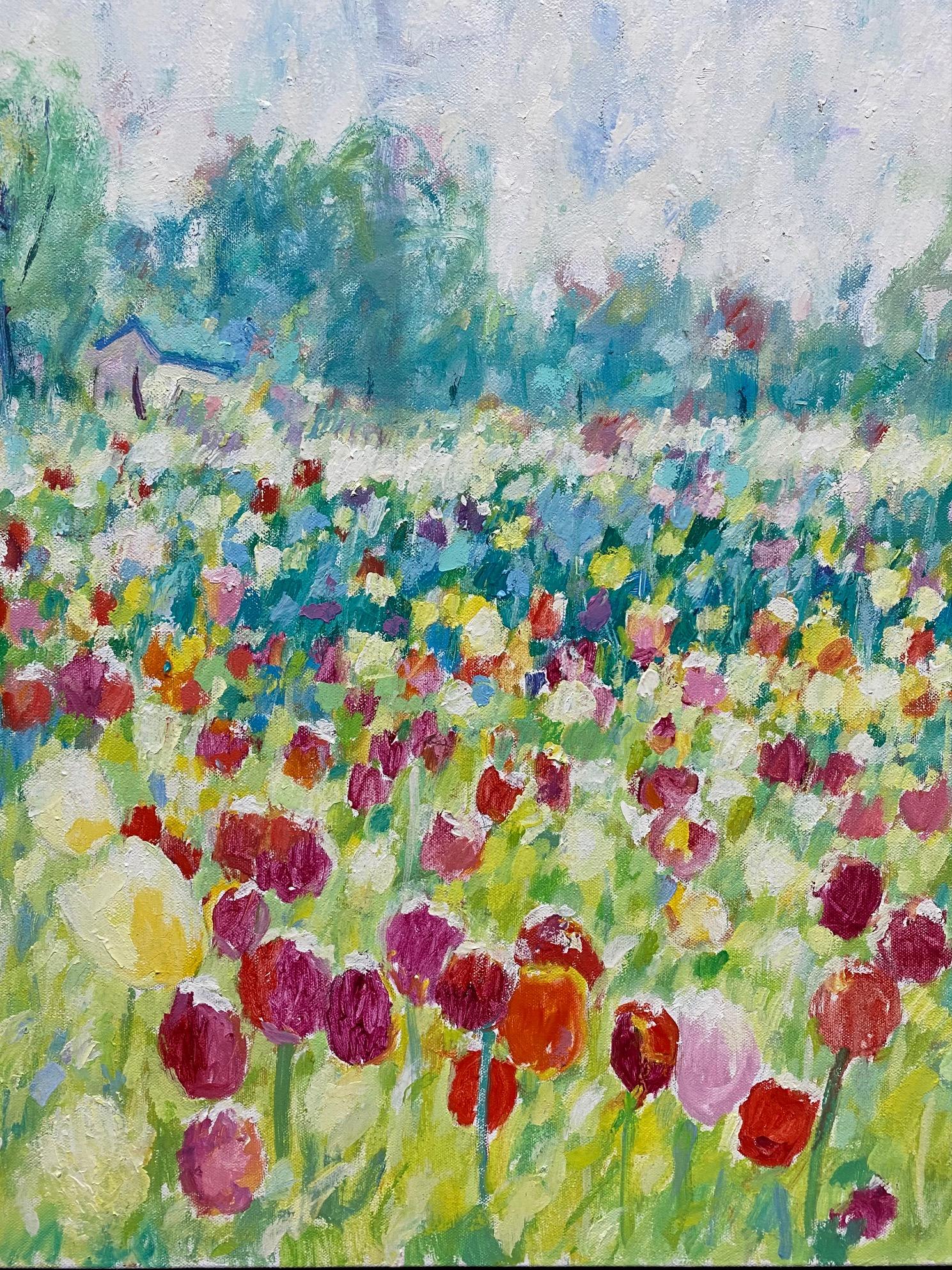 Tulips et nuages, paysage floral impressionniste original 30x40 en vente 1