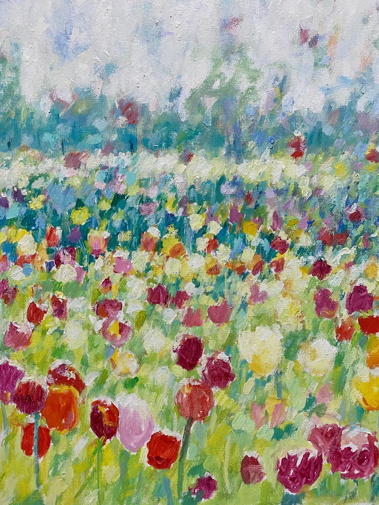 Tulips et nuages, paysage floral impressionniste original 30x40 en vente 2