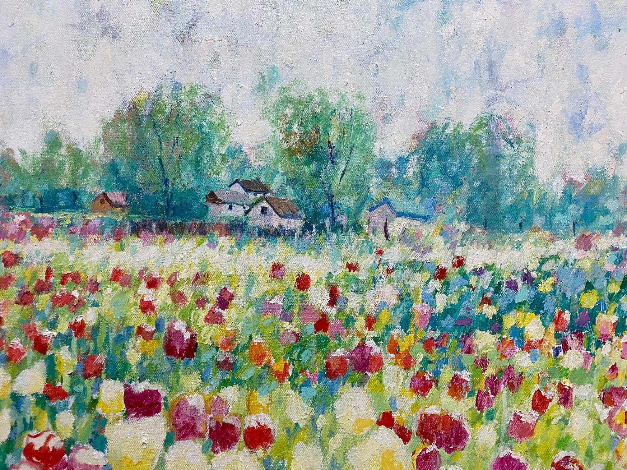 Tulipanes y nubes, paisaje floral impresionista original de 30x40 en venta 3