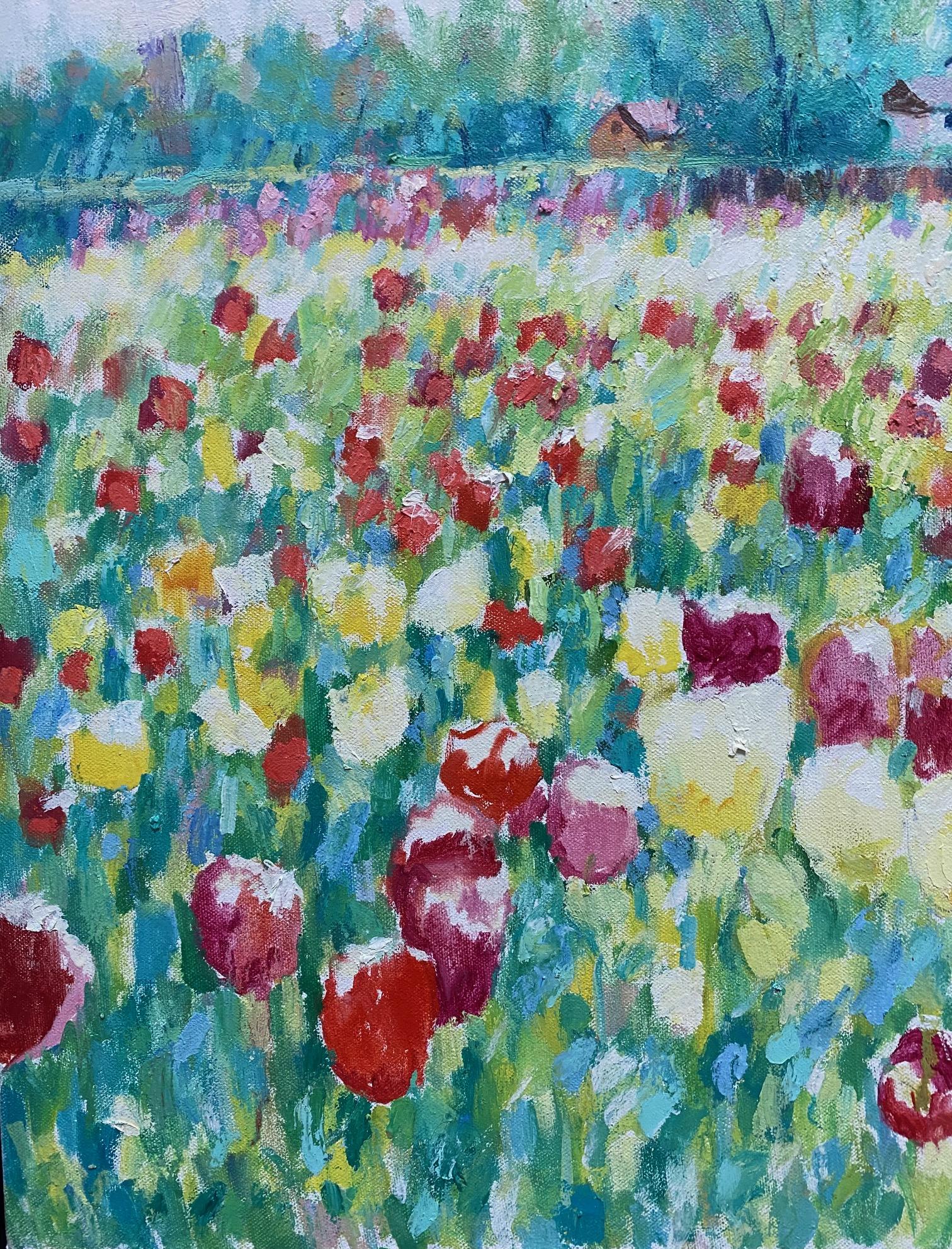Tulipanes y nubes, paisaje floral impresionista original de 30x40 en venta 4
