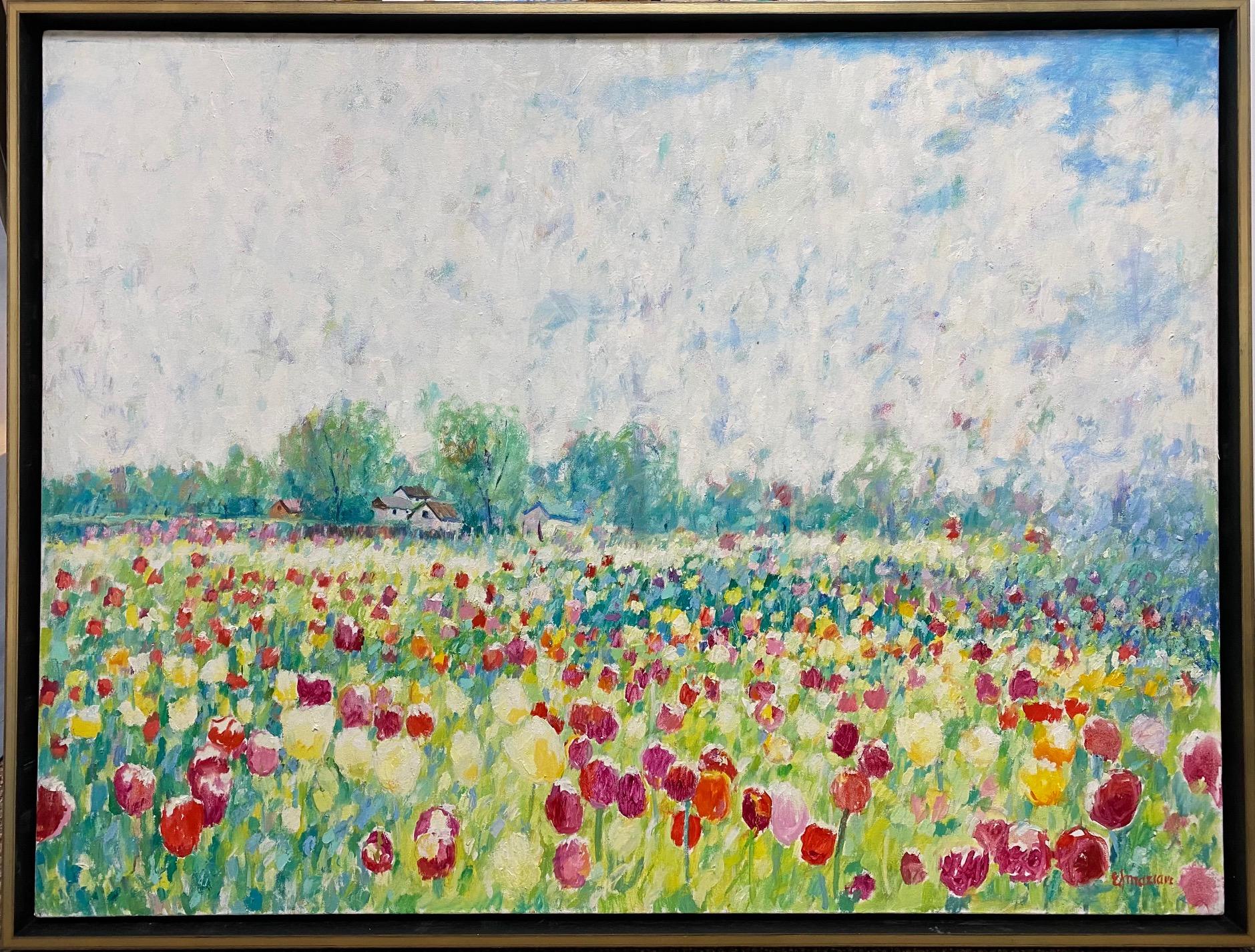 Landscape Painting Eugene Maziarz - Tulips et nuages, paysage floral impressionniste original 30x40