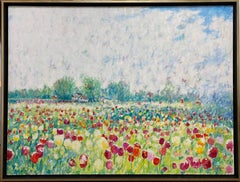 Tulipanes y nubes, paisaje floral impresionista original de 30x40